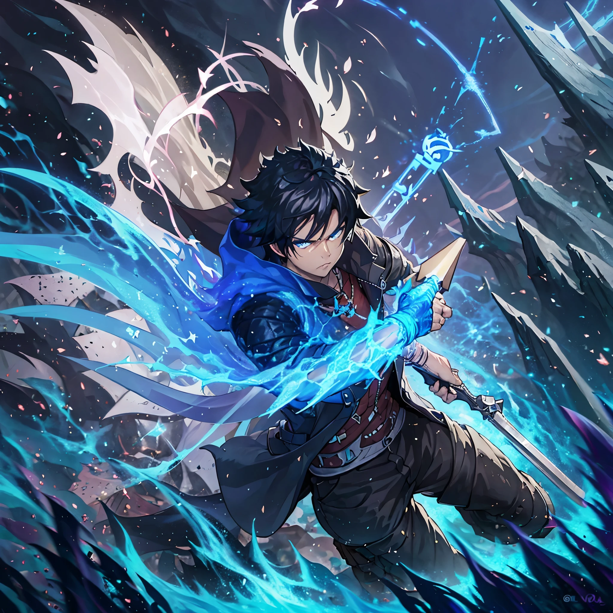 a man punching the ground making a crater in the ground, holding an ice sword, muscular, serious face, black hair, city in ruins
