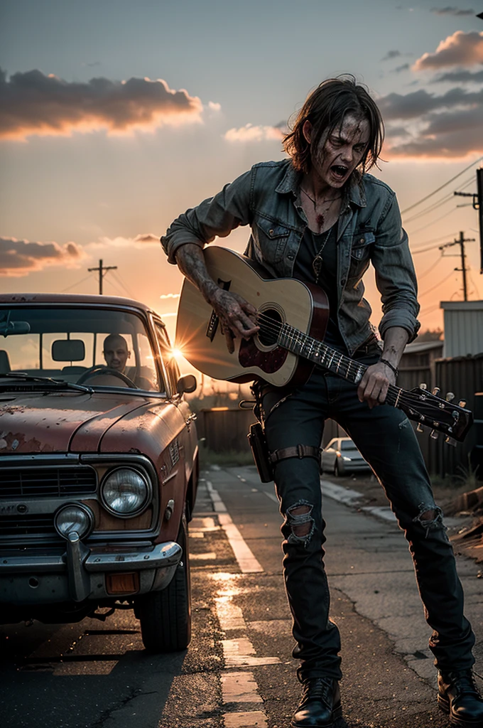 Photo in the style of the walking dead, post-apocalypse, decomposed zombie playing the guitar, rock and roll, against the backdrop of a rusty car body, red sky, sunset.