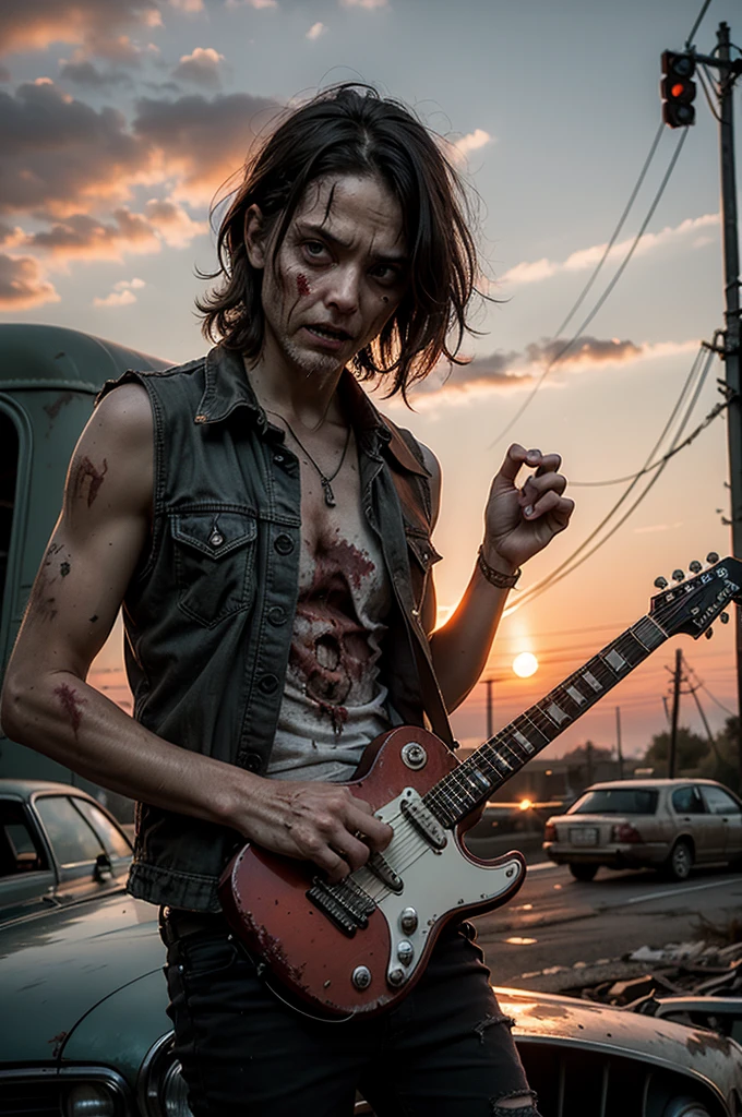Photo in the style of the walking dead, post-apocalypse, decomposed zombie playing the guitar, rock and roll, against the backdrop of a rusty car body, red sky, sunset.