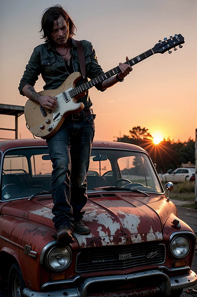 Photo in the style of the walking dead, post-apocalypse, decomposed zombie playing the guitar, rock and roll, against the backdrop of a rusty car body, red sky, sunset.