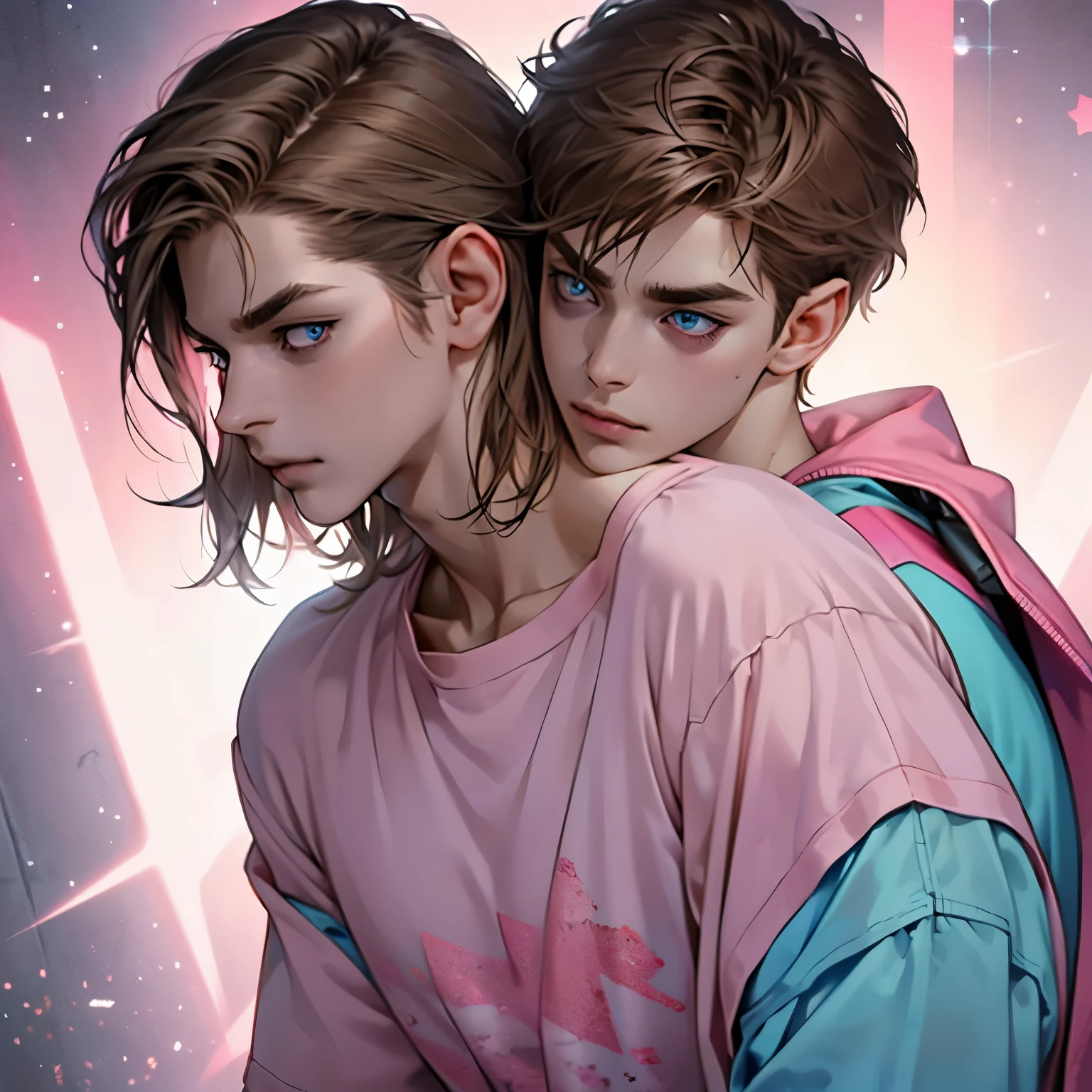 age punk boy with pale skin and eyebags, has pale blue eyes, brown hair with a shoulder length modern mullet. He’s wearing a pink crew neck shirt with a darker pink star in the middle of his shirt