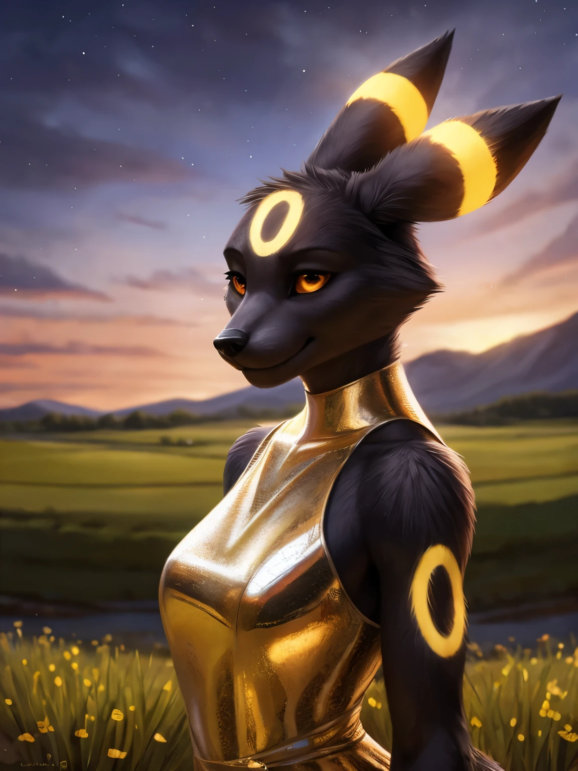 (by pixelsketcher:0.6), (by personalami :0.6), solo, female,Umbreon,canine,detailed background, (cinematic lighting:1.1), (perfect focus:1.1), 8k hd, photo, (detailed eyes:1.2),depth of field, bokeh, subsurface scattering, perfect breasts, wide ,(metallic dress), bright colors, (furry detail),detailed background, green field, green landscape,realistic, photorealistic, ultra realistic,realistic, photorealistic,smile,(fur),(realistic furry:1.1),(tail), (extreme furry detail:1.2),yellow eyes,solo,