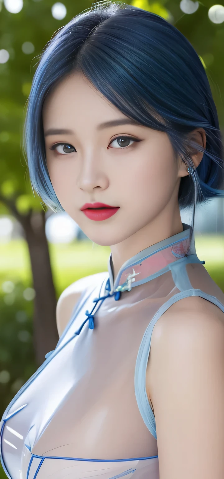 (surreal), (illustration), (high resolution), (8k), (Very detailed), (最佳illustration), (beautiful and delicate eyes), (best quality), (super detailed), (masterpiece), (wallpaper), (lifelike), (Natural light), (edge lighting), (Detailed face), (高度细致lifelike的皮肤纹理), (anatomically correct), (alone), (1 girl), (高细节lifelike的头发), (blue hair:1.2), spiky hair, (heterochromatic eyes), (Detailed green eyes), (There is a small mole under the eye), (Realistic big breasts:1.5), (exposed breasts:1.3), (long legs), (Slim abs), (dynamic poses), (shut your mouth:1.3), (Traditional cheongsam costume), (transparent clothes:1.5), NSFW,nude