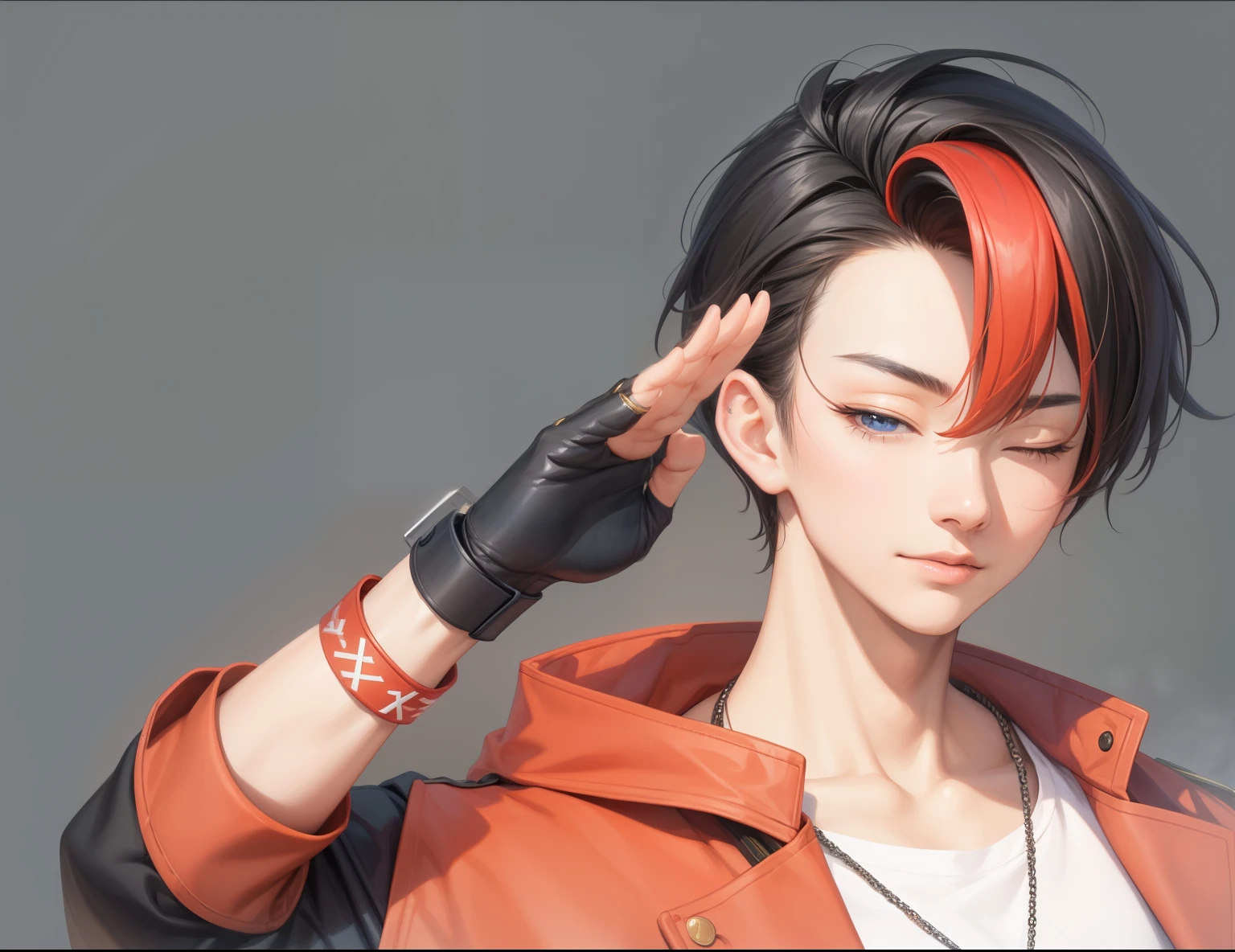 masterpiece, superb, high resolution,handsome guy,salute手势,salute,watch