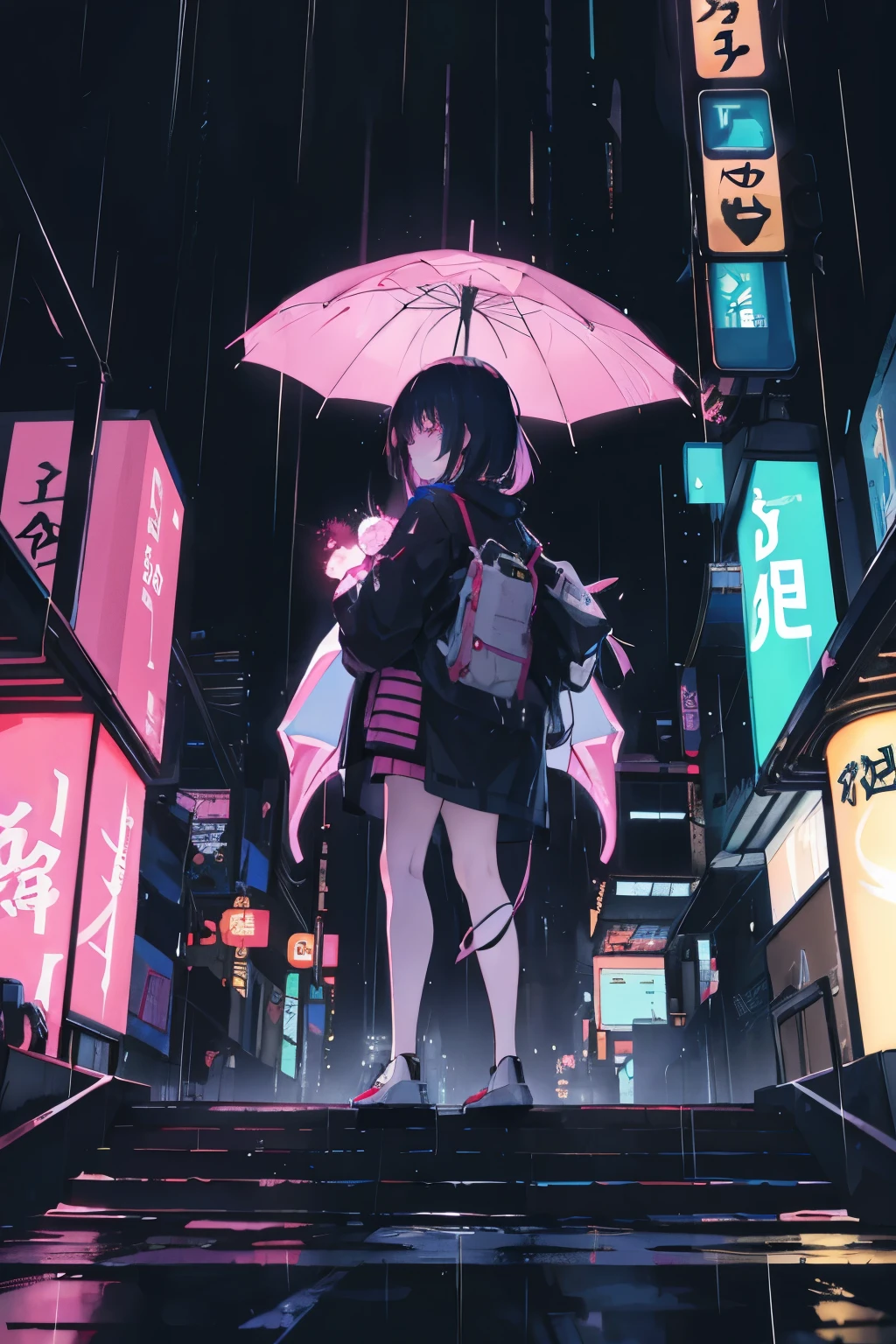 In the realm of cyberpunk aesthetics, this image unfolds as a split-scene illustration. The upper half portrays the vibrant pulse of Tokyo's nightscape. A quirky Japanese girl, adorned in kawaii attire, huddles under the protective shelter of a streetlight ouvre. Her umbrella forms a canopy amidst the drizzle, shielding her from the neon-soaked rain. In the background, a figure with an inscrutable expression turns his back on her, disappearing into the distance.
The lower portion of the image descends to a dimly lit staircase, where our girl is engrossed in