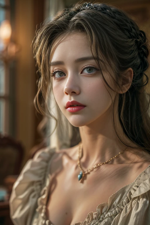 (best quality, masterpiece:1.3), RAW photo, ((realistic, photo realistic)), illustration, 8K UHD, ultra high res, Physically Based Rendering, cinematic light, extremely intricate details, bright expression, beautiful young woman, elegant hair, porcelain skin, cleavage, (wearing Edwardian era dress), Nostalgic Elegance, in the living room, (front and sharp focus), facing at viewer, (cowboy shot),