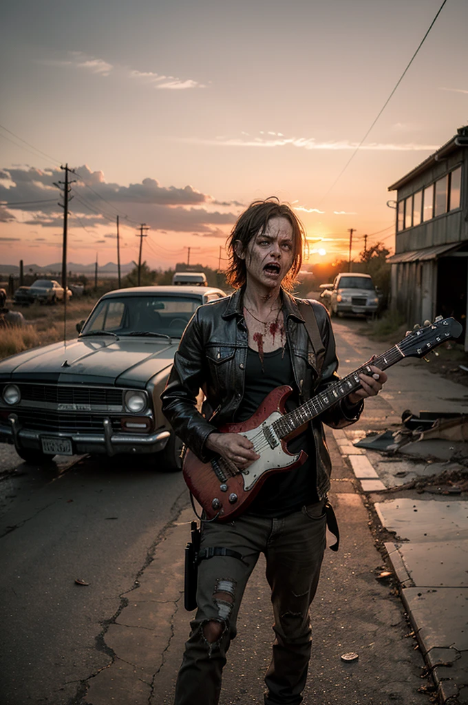 Photo in the style of the walking dead, post-apocalypse, decomposed zombie playing the guitar, rock and roll, against the backdrop of a rusty car body, red sky, sunset.