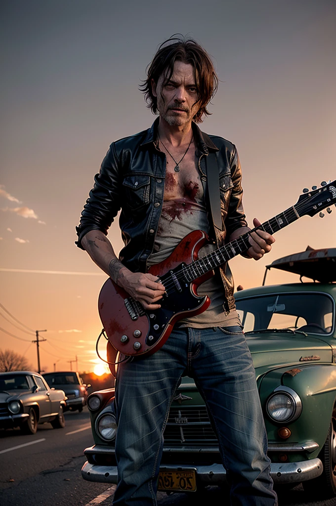Photo in the style of the walking dead, post-apocalypse, decomposed zombie playing the guitar, rock and roll, against the backdrop of a rusty car body, red sky, sunset.