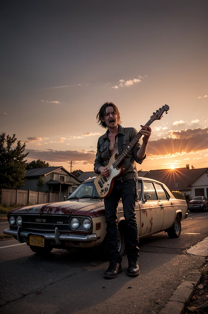 Photo in the style of the walking dead, post-apocalypse, decomposed zombie playing the guitar, rock and roll, against the backdrop of a rusty car body, red sky, sunset.