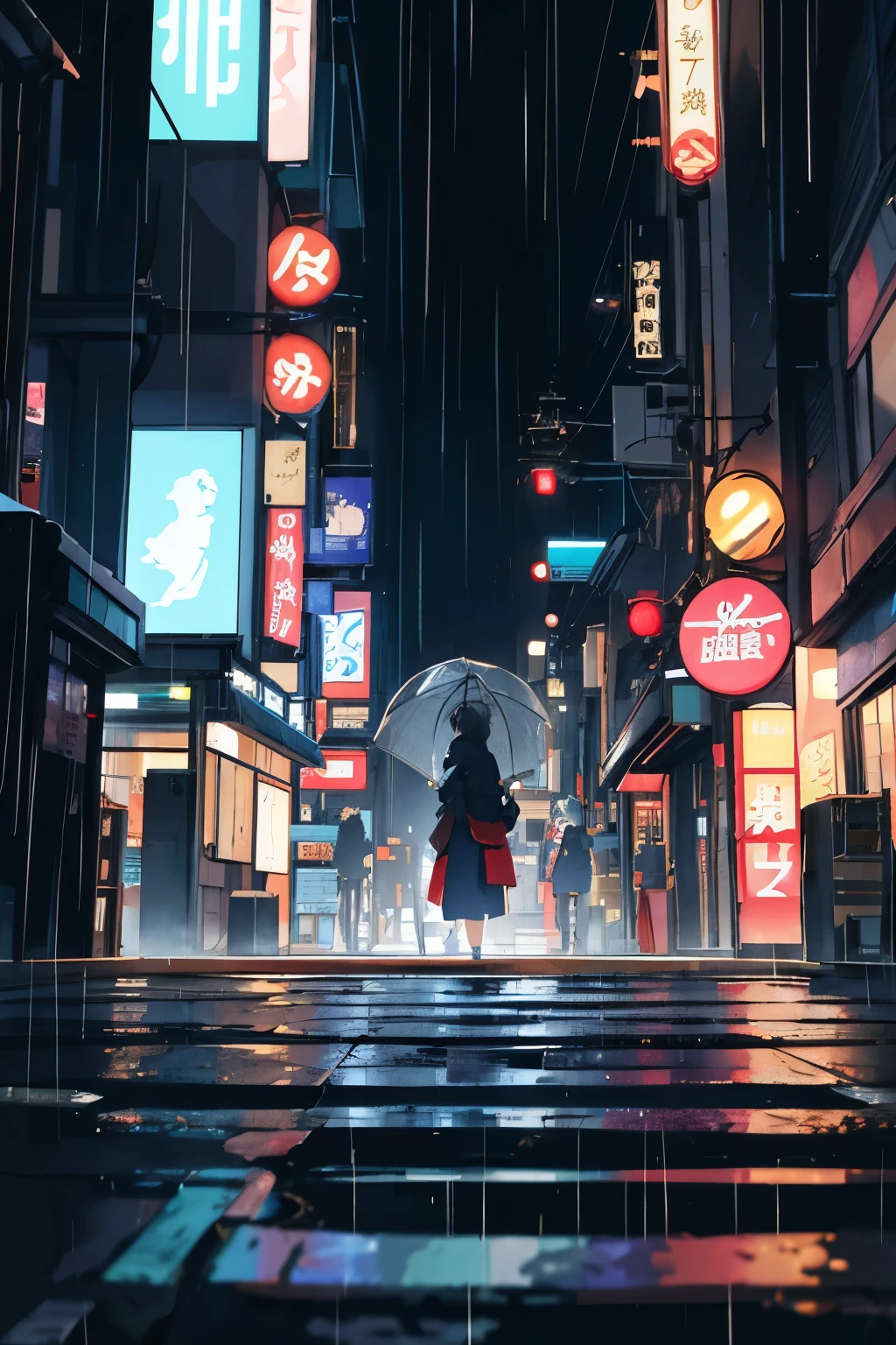 Masterpiece, best quality,
Two-scene illustration, cyberpunk style,
Upper half: Tokyo night, (1.1)
視Їessage: A girl in a kimono, standing under a yellow streetlight, umbrella in hand; longing gaze following a man in the distance, back turned, (1.5)
Cityscape background: Neon lights, busy crowd, rain-soaked streets, (1.4)
Lower half: Solitude, (1.2)
視Їessage: The same girl, now sitting on concrete stairs, lost in thought, tears streaming down her face, (1.6)
Surroundings: Empty, dimly