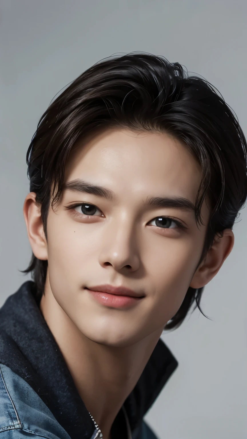 "(Upper Body Portrait 1.2) 20 year old male, perfect anatomy. When I look into his beautiful eyes, Attractive, charming eyes, smile, his gaze is directed towards the viewer, You can clearly see every detail. perfect lines, Reproduce every detail of the skin in 8K quality,
