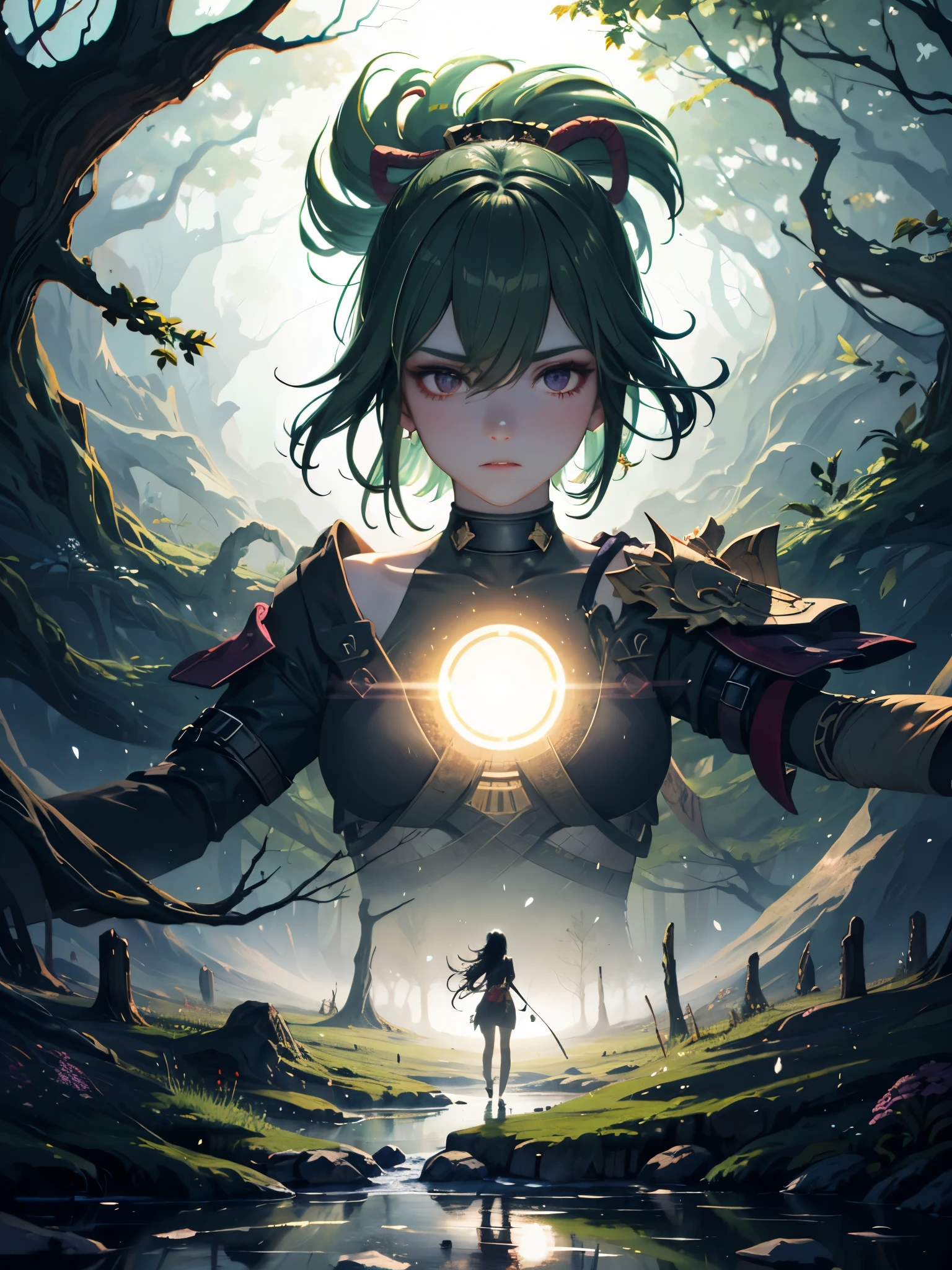 (best quality,16k,1080P,masterpiece,ultra-detailed:1.37),anatomically correct female Ninja,enchanting magical forest,wild and mystical background,ray of sunlight filtering through the trees,leaves gently swaying in the breeze,hidden ancient ruins covered in moss and vines,colorful flowers blooming everywhere,mysterious mist swirling in the air,authentic ninja attire,flowing black hair,graceful movements,sharp ninja weapons,quiet footsteps,stealthy presence,vivid colors in high contrast,dramatic lighting,subtle shadows creating depth and atmosphere.