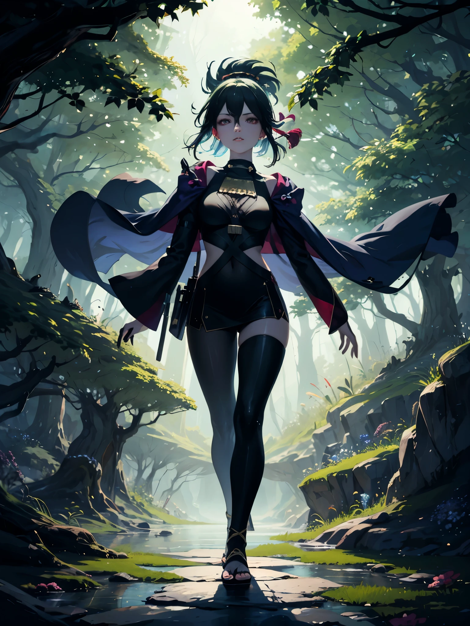 (best quality,16k,1080P,masterpiece,ultra-detailed:1.37),anatomically correct female Ninja,enchanting magical forest,wild and mystical background,ray of sunlight filtering through the trees,leaves gently swaying in the breeze,hidden ancient ruins covered in moss and vines,colorful flowers blooming everywhere,mysterious mist swirling in the air,authentic ninja attire,flowing black hair,graceful movements,sharp ninja weapons,quiet footsteps,stealthy presence,vivid colors in high contrast,dramatic lighting,subtle shadows creating depth and atmosphere.
