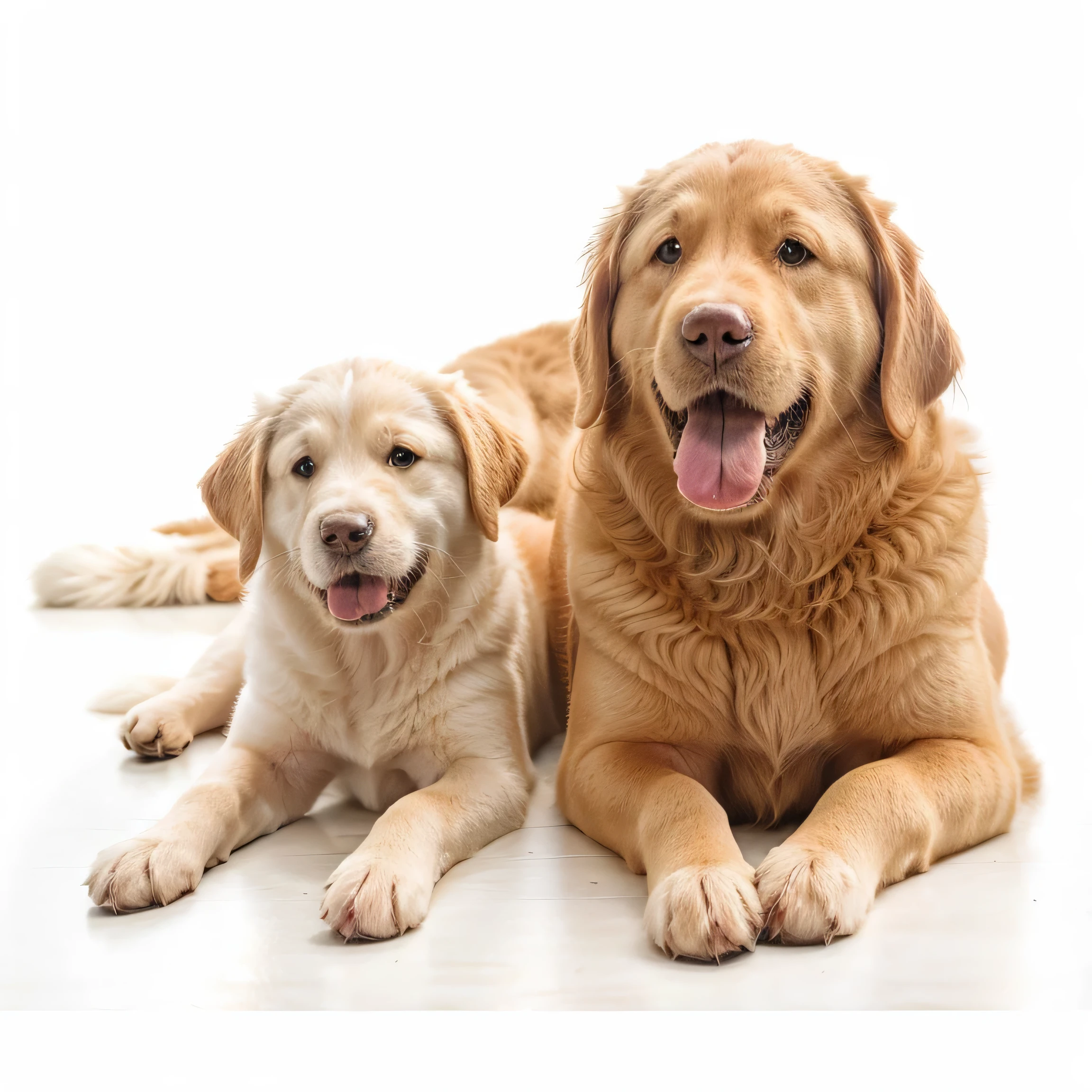 there are two labrador dogs that are laying down together on the floor, two dogs, animal, Golden retriever, The two smile at the camera, , dog, on white background, 犬科animal, Golden, Good face, adult dog, Good face shape, happy dog, 2 只animal, A beautiful photo, medium breed, High