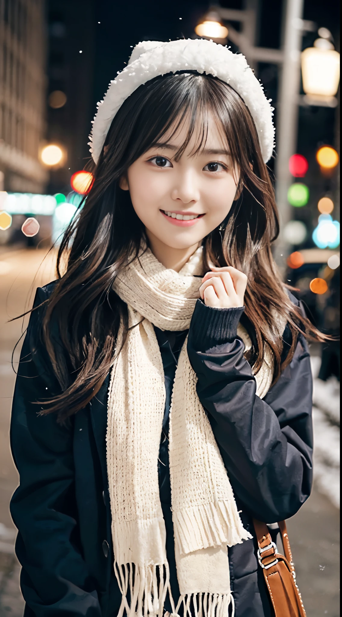 (A close-up of a girl is、with long hair in takes,The bangs are dull,Wear a winter uniform and scarf jacket:1.5)、(A girl with a shy smile、Gift box with gloves in hand:1.5)、(Snowy winter night street corners and Christmas lights:1.5)、(Perfect anatomy:1.3)、(No mask:1.3)、(Complete fingers:1.3)、Photorealistic、Photography、masutepiece、top-quality、high resolution, delicate and pretty、face perfect、Beautiful detailed eyes、Fair skin、Real human skin、pores、((Thin legs))、(Dark hair)