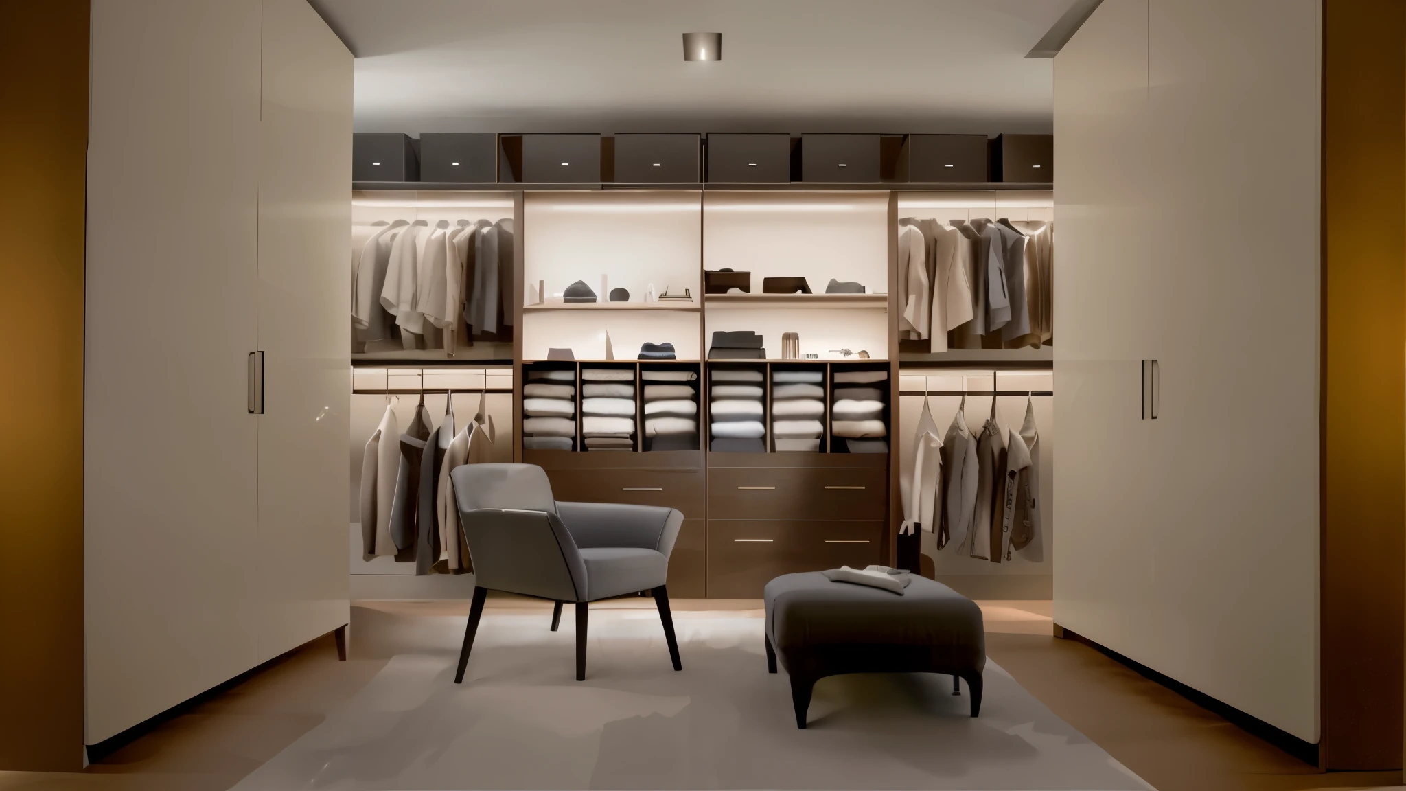 Arafad wardrobe with chair and clothes rack, elegant wardrobe, Elegant futuristic wardrobe, Organized, clean and Organized, Neat and tidy, elegant minimalism, Exquisite details, Live, smooth curves, stunning details, author：Jürgen von Hunderberg, surreal, Luxurious materials, cabinet furniture, color, exiting from a wardrobe, Neat
