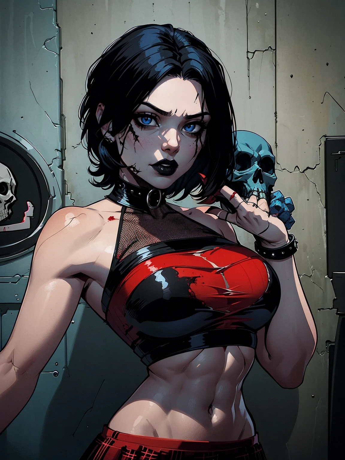 a woman with short black hair, hair on shoulders, wearing a black cropped and plaid skirt, blue eyes, zombie art, gothic art, cute aesthetic with vibe, toon aesthetic, wearing red costume, wearing gothic accessories, look like Cassie Hack, upper body, holding a skull in his hand, horror background