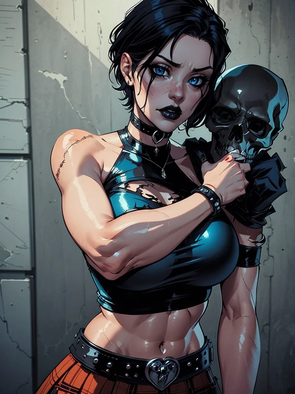 a woman with short black hair, hair on shoulders, wearing a black cropped and plaid skirt, blue eyes, zombie art, gothic art, cute aesthetic with vibe, toon aesthetic, wearing red costume, wearing gothic accessories, look like Cassie Hack, upper body, holding a skull in his hand, horror background