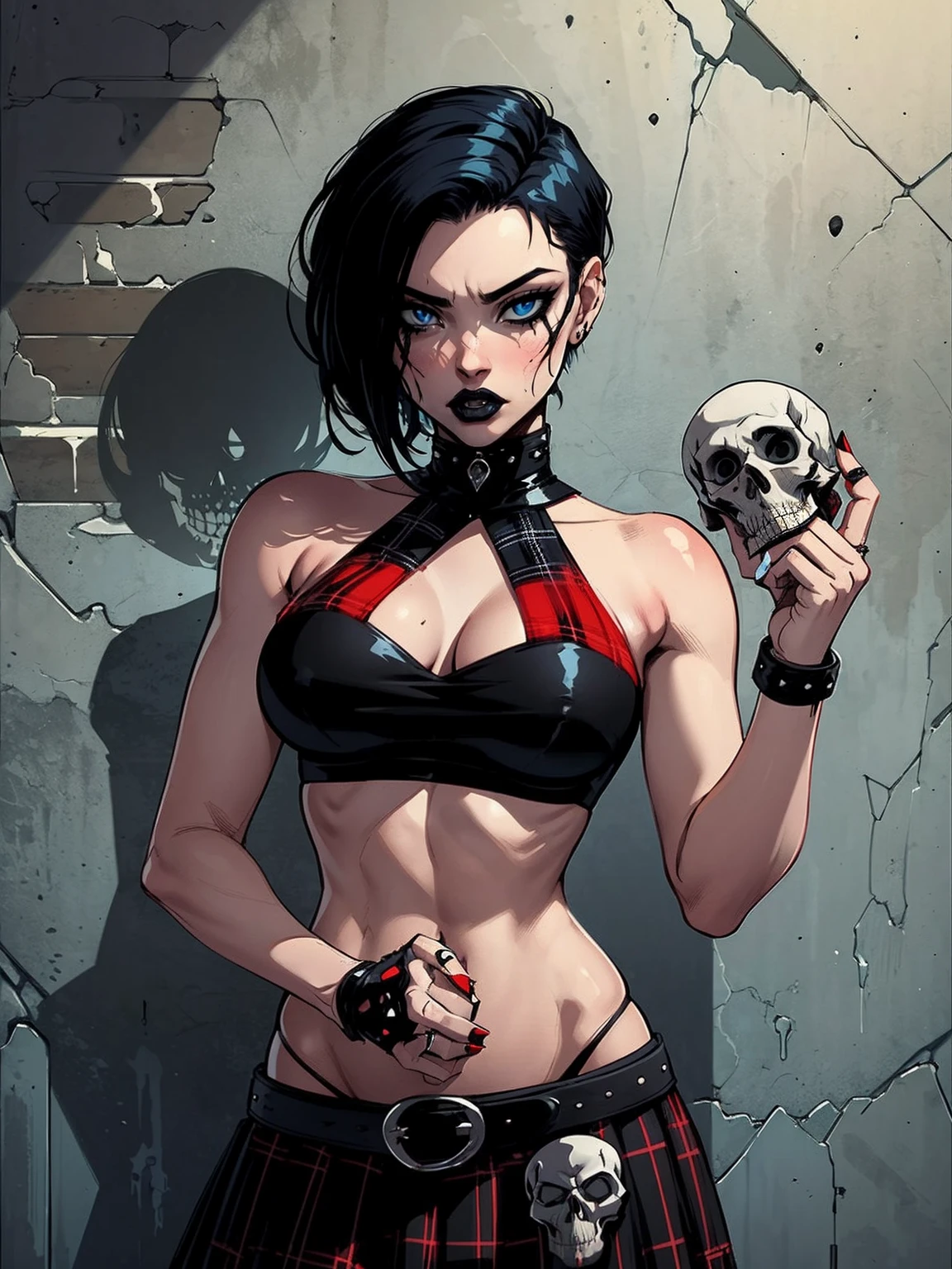 a woman with short black hair, hair on shoulders,  wearing a black cropped  and plaid skirt, blue eyes, zombie art, gothic art, cute aesthetic with vibe, toon aesthetic, wearing red costume, wearing gothic accessories, look like Cassie Hack, upper body, holding a skull in his hand, horror background