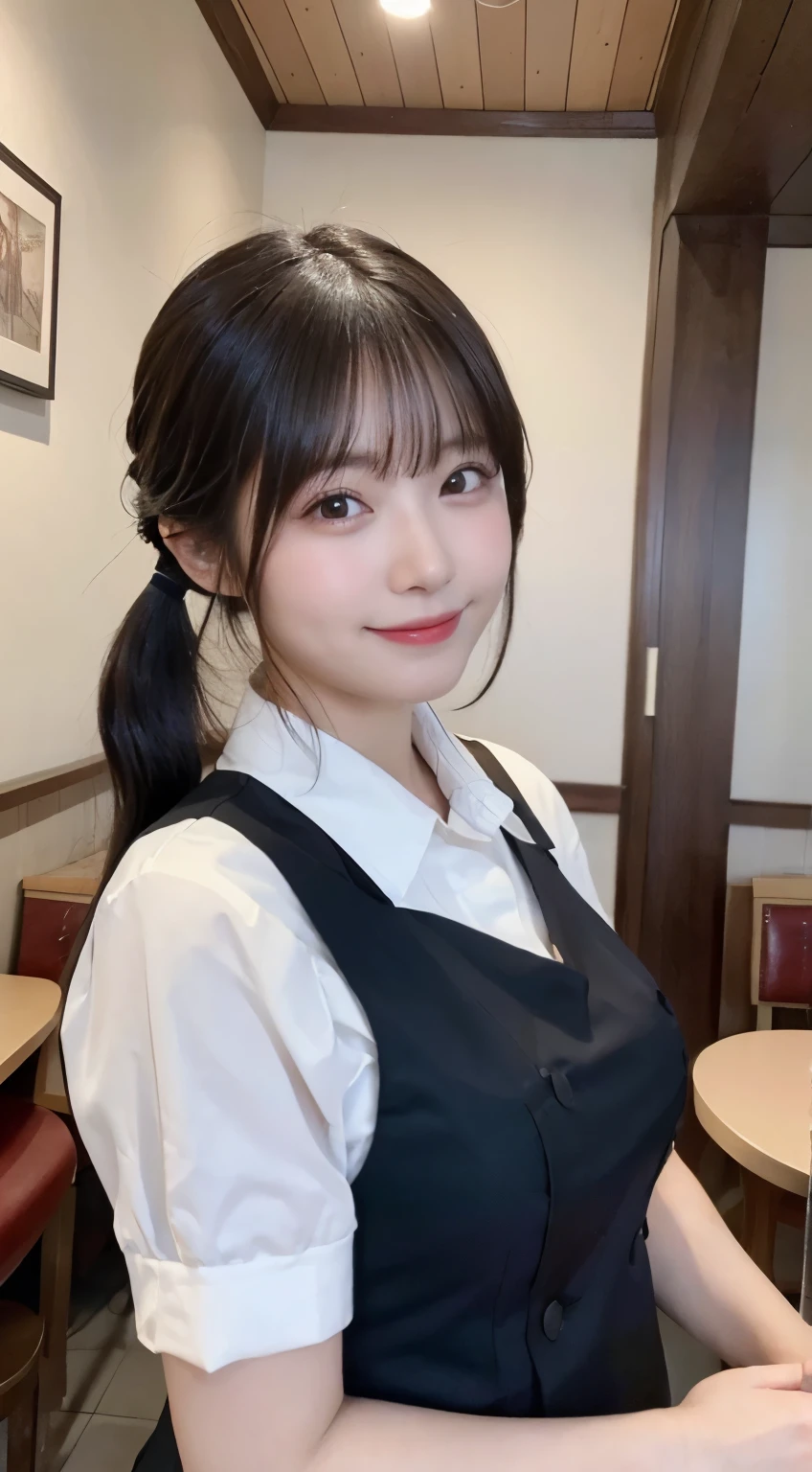 (highest quality,masterpiece:1.3,ultra high resolution,),(Super detailed,caustics),(Photoreal:1.4,RAW shooting,)ultra-realistic capture,very detailed,High resolution 16K human skin close-up。 natural skin texture、,The pores are、、、Must be detailed enough to be easily identified。 Skin should look even-toned and healthy。 Use natural light and color,restaurant,waitress uniform,1 girl,Japanese,18-year-old,cute,black haired,ponytail,big breasts,smile,turn your body forward,(Front view:1.1),look at the camera,cowboy shot,
