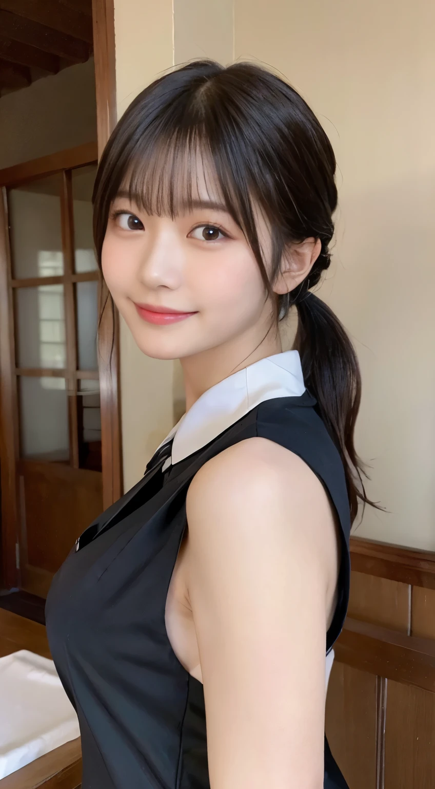 (highest quality,masterpiece:1.3,ultra high resolution,),(Super detailed,caustics),(Photoreal:1.4,RAW shooting,)ultra-realistic capture,very detailed,High resolution 16K human skin close-up。 natural skin texture、,The pores are、、、Must be detailed enough to be easily identified。 Skin should look even-toned and healthy。 Use natural light and color,restaurant,waitress uniform,1 girl,Japanese,18-year-old,cute,black haired,ponytail,big breasts,smile,turn your body forward,(Front view:1.1),look at the camera,cowboy shot,