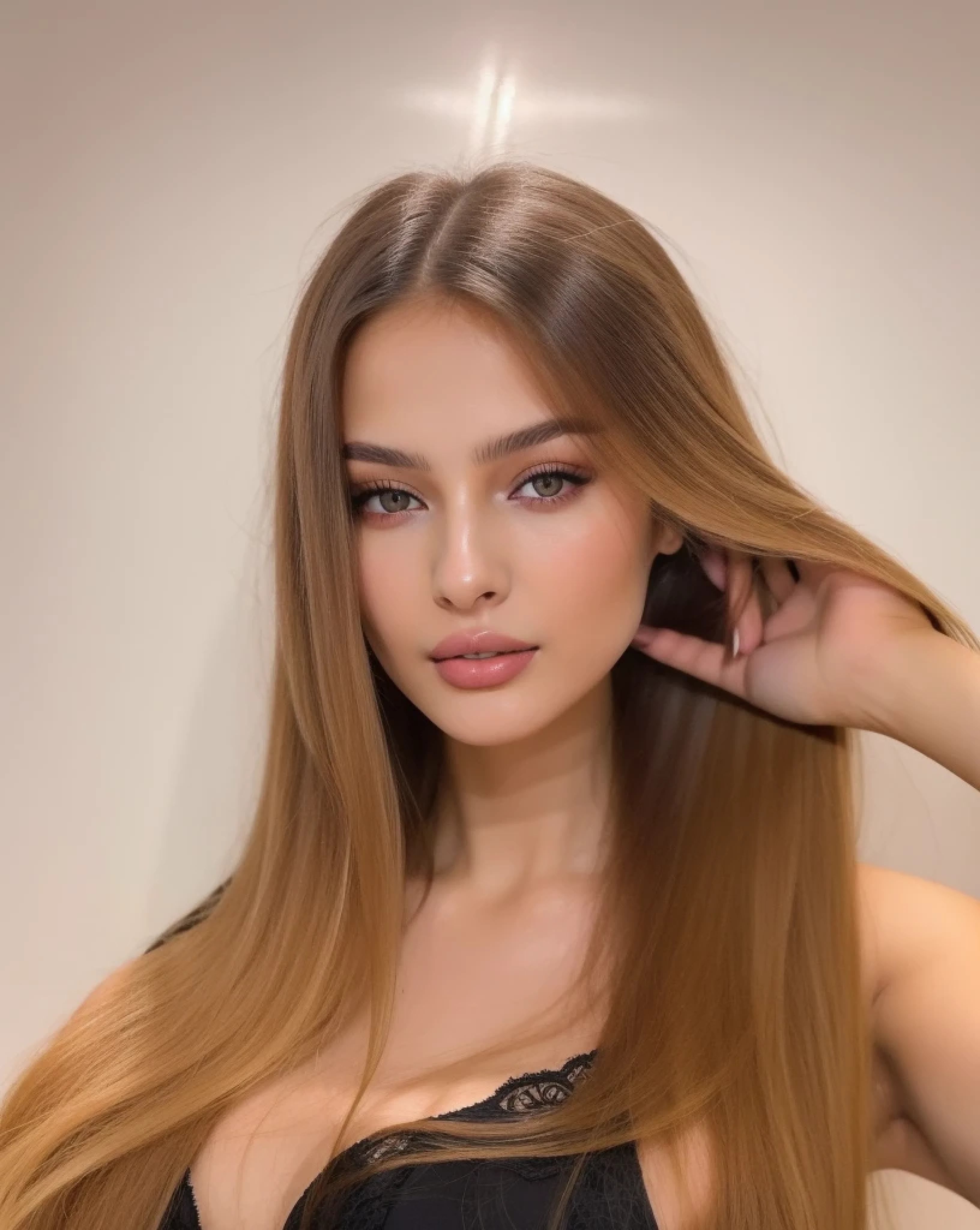 Arafed woman with long hair and black dress brushing her hair, Retrato de Sophie Mudd, anna nikonova aka newmilky, peinado recto, Dasha Taran, Anastasia Ovchinnikova, julia gorokhova, Angelina Stroganova, brunette with dyed blonde hair, Yelena Belova, Estilo de Julia Razumova