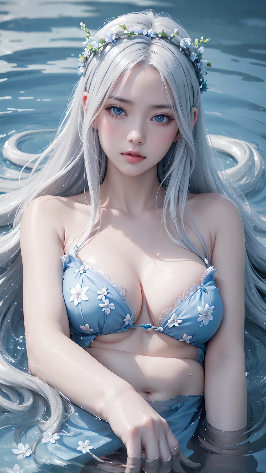 hyper-realistic  of a mysterious woman with flowing silver hair, piercing blue eyes, and a delicate floral crown, laying on the water, whole  body