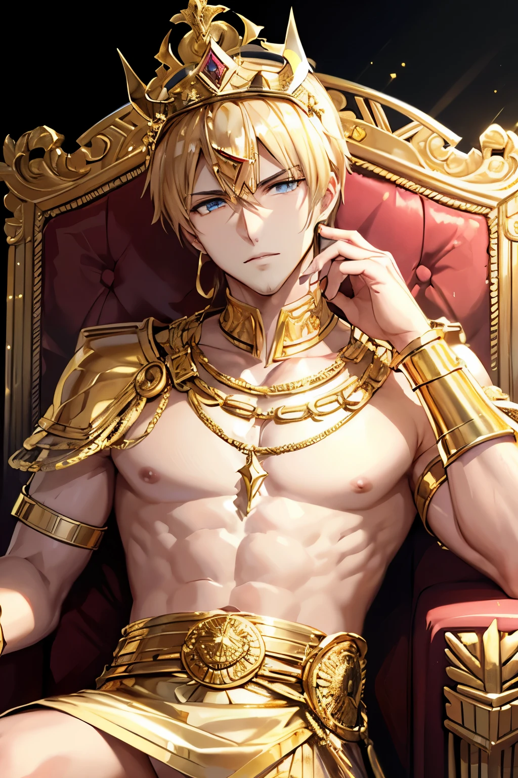 best quality, FGO, Hero King Gilgamesh, super handsome, enshrined on the throne, (shining gold plated:1.4), background golden castle of ancient Mesopotamia