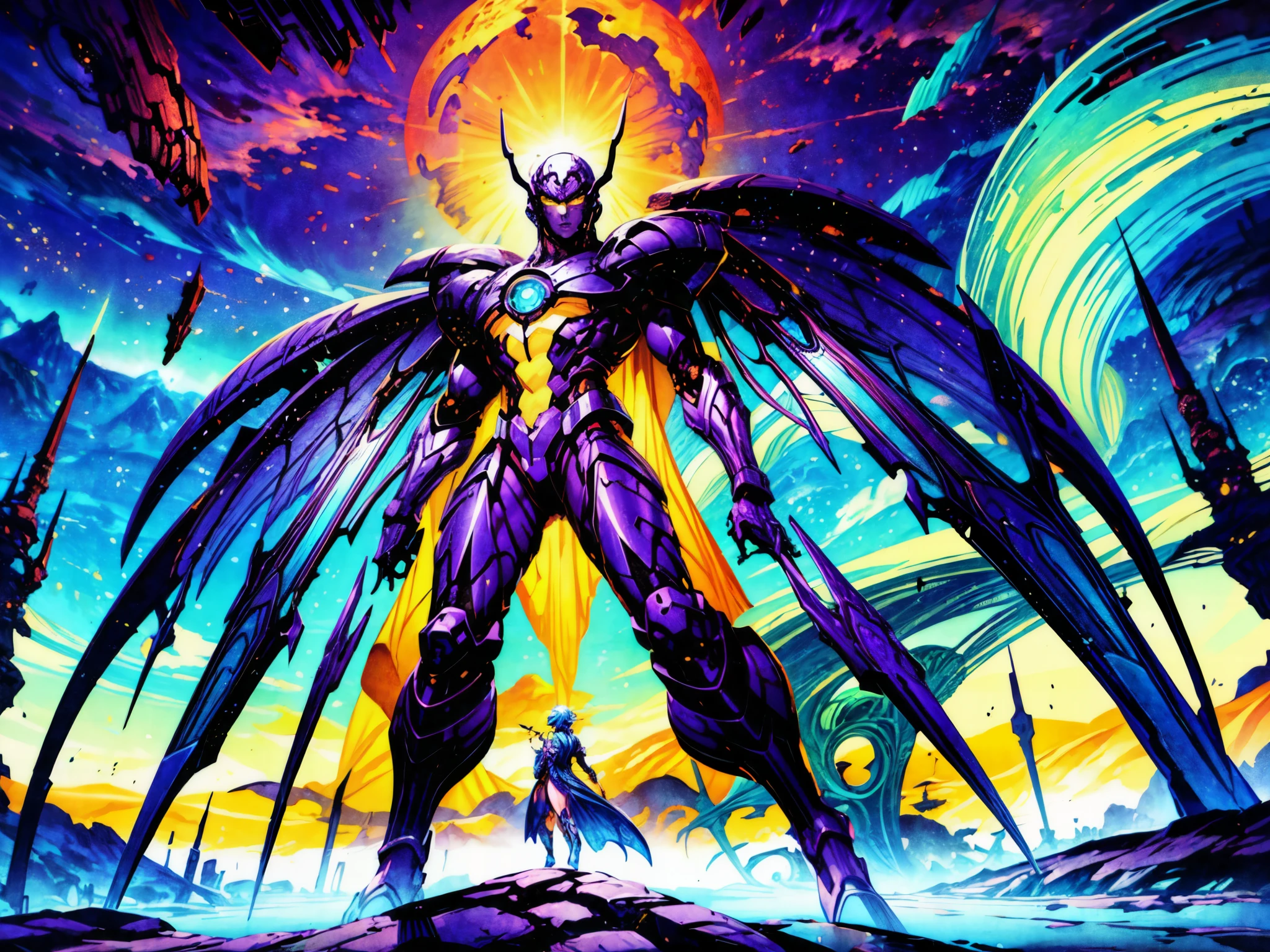 (8k, best quality, vibrant colors, cosmic lighting), heroic figure, powerful warrior, surreal landscape, starry sky, glowing planets, ethereal atmosphere, interdimensional portal, intricate armor, majestic cape, radiant energy, epic battle, otherworldly creatures, epic weaponry, mystical symbols, dynamic pose, intense gaze, heroic aura, transcendent power, breathtaking scenery, cinematic composition, fantasy adventure, digital illustration.