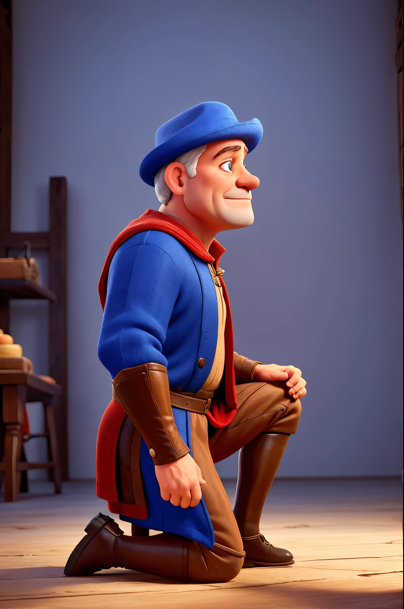 Middle-aged man kneeling inspecting the floor. The man is wearing beautiful medieval clothes, blue and red outfit, wearing a beautiful medieval hat. Profile view. White background.