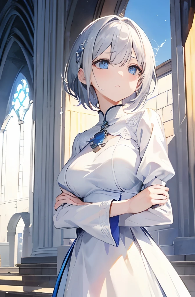 grimace、white and blue luxury adult dress、silver hair、short hair、medium breasts、　best quality、church、the sun shines in、pale blue eyes、praying pose、