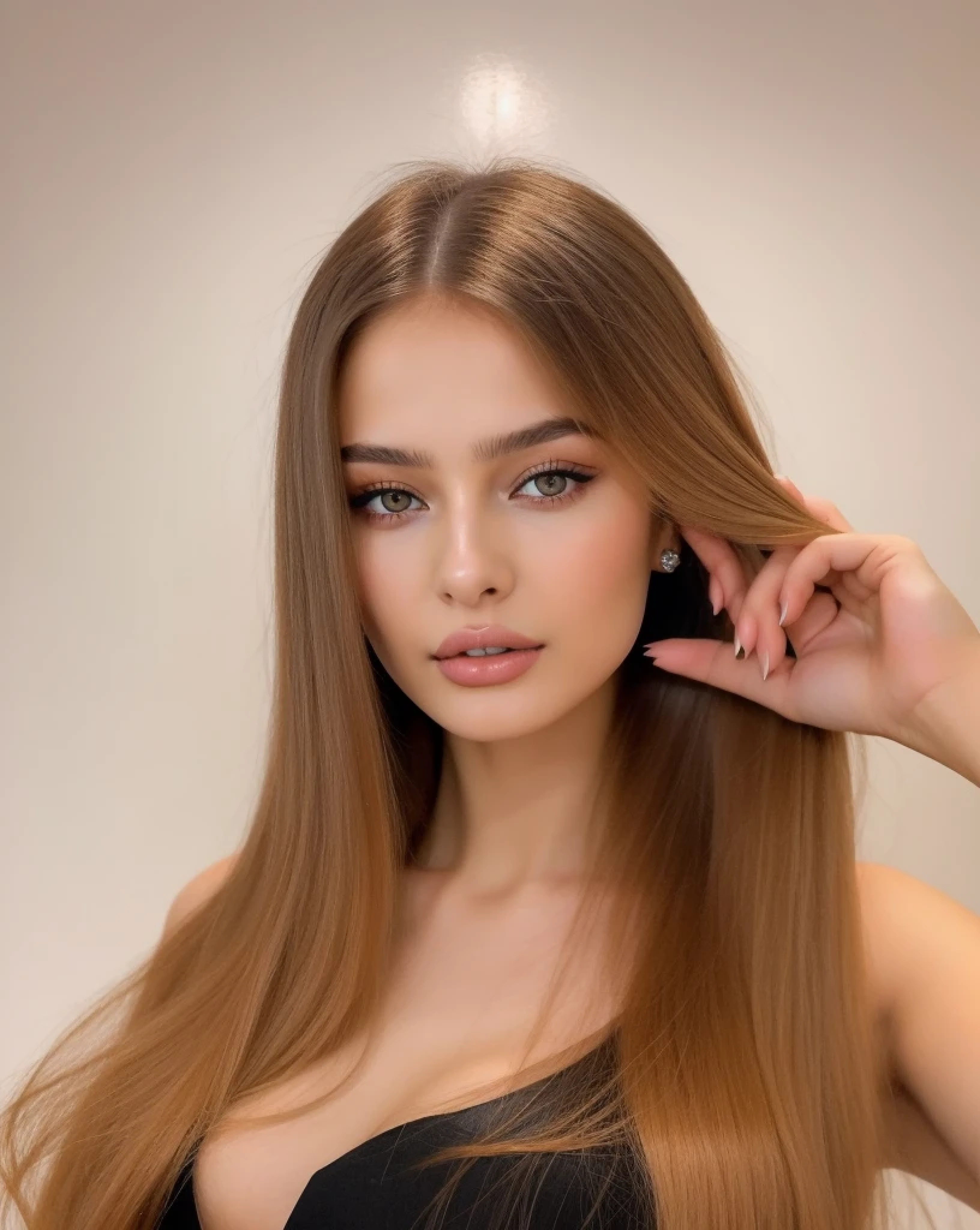 Arafed woman with long hair and black dress brushing her hair, Retrato de Sophie Mudd, anna nikonova aka newmilky, peinado recto, Dasha Taran, Anastasia Ovchinnikova, julia gorokhova, Angelina Stroganova, brunette with dyed blonde hair, Yelena Belova, Estilo de Julia Razumova