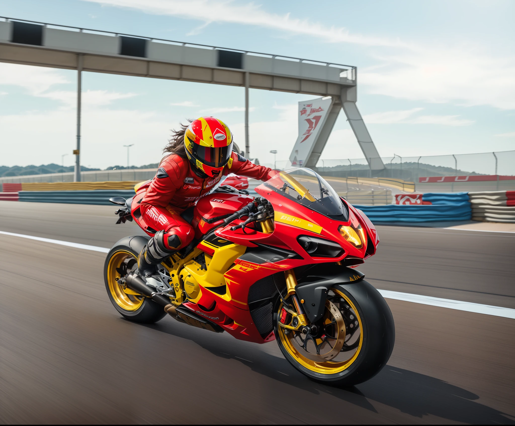 there is a man riding a motorcycle on the road with a helmet on, on a street race track, wheelie, motorbikers race in hell, red and yellow scheme, wearing red and yellow hero suit, high speed action, on a racetrack, huge ducati panigrale motorbike, at racer track, 🕹️ 😎 🔫 🤖 🚬