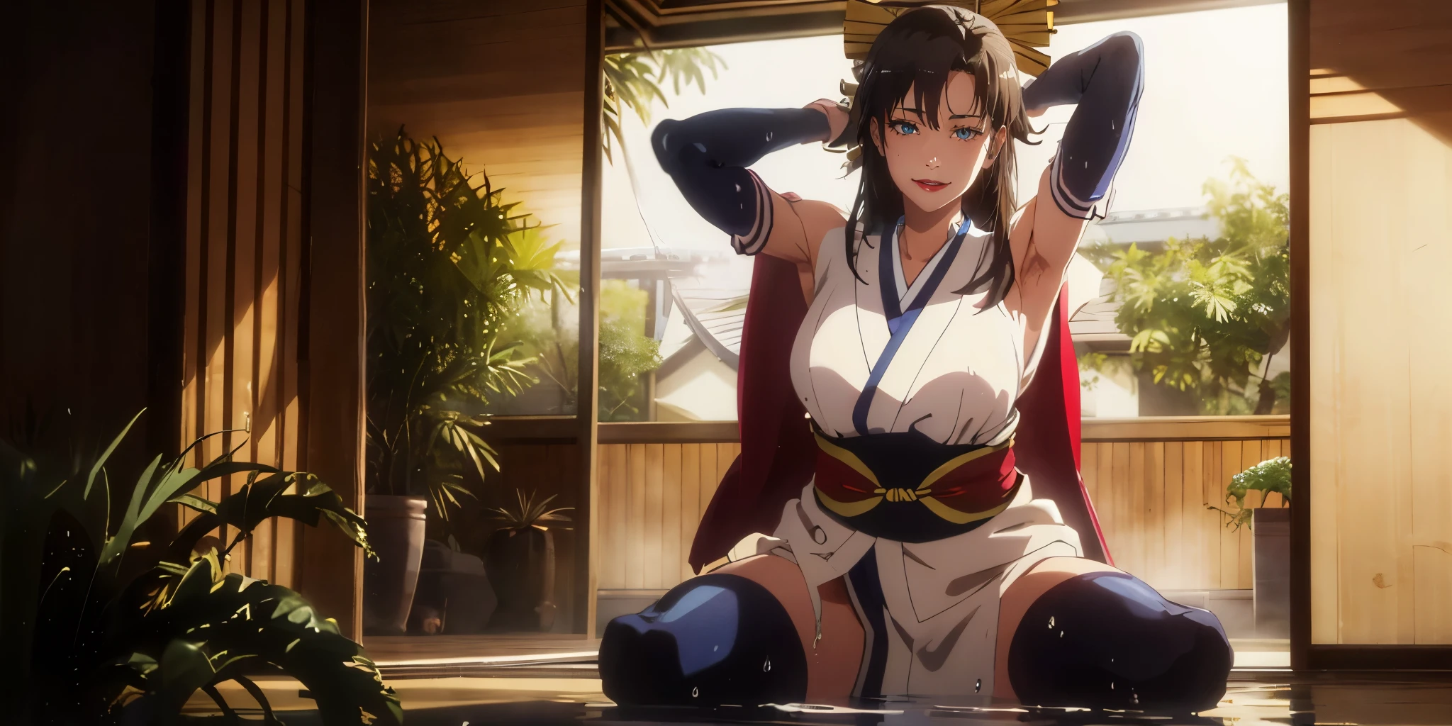 anatomically correct, best quality, masterpiece, high quality, high details, highres, HD, (shaded face:1.2), hollow eyes, blue eyes, looking at viewer, seductive smile, lips, black hair, long hair, 1girl, breasts, long_hair, water drop, sliding_doors, japanese_clothes, kimono, armpits, shouji, rain, bangs, large_breasts, sleeveless, tatami, indoors, obi, sash, wet_clothes, wet, blush, looking_at_viewer, thighs, solo, bare_shoulders, window, sleeveless_kimono, plant