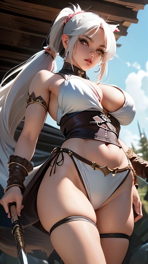 Beautiful young girl looking at camera, ((fisheye photo)), perfect detailed face, Conan the barbarian, wilderness background, barbarian sexy outfit, detailed muscles realistic masterpiece gigantic breasts, hardnipples protruding, Ecchi, young sexy girl,shot from below, perfect legs, perfect arms perfect eyes, ((long white hair with 2 ponytails)), huge eyes,