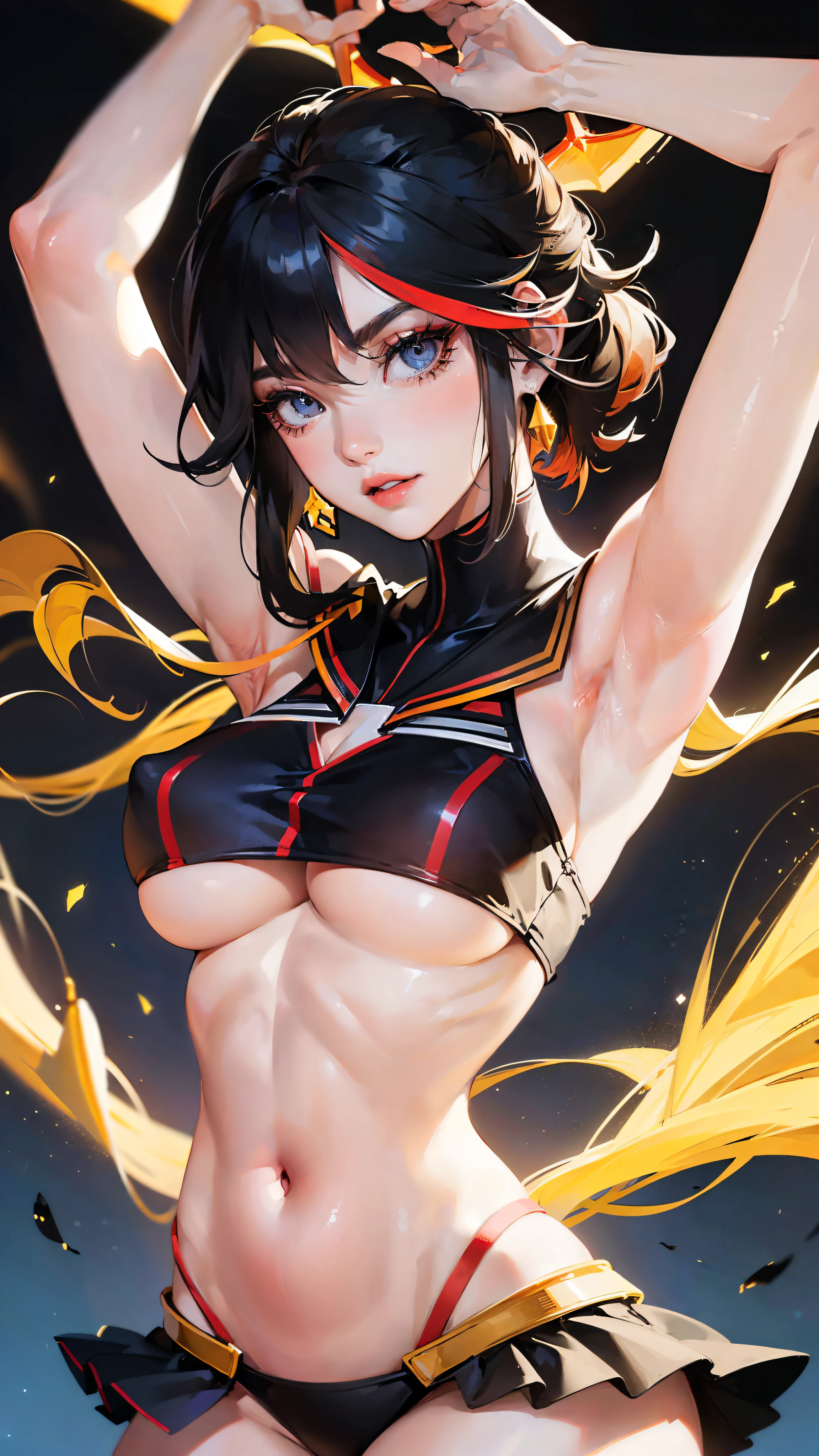 Matoi Ryuuko (Kill la kill), Fleshy thighs, Instagram pose,Dynamic angle, Show armpits, ((Crop top, Underboobs)), Nipples, C cup, Happy expression, (Entire body image:1.5), (8K, Best quality, A high resolution:1.35), (RAW photo:1.2), (Photorealistic:1.37), (Masterpiece: 1.25), Dramatic lighting, Photon maping, Symmetry, Complexity, Elegance, (1 girl), Large breast, Long eyelashes, Detailed eyelashes, Eye shadows, Glowing eyes, ((Natural makeup, Clear facial features)), ((Fine detailed beautiful eyes: 1.2)), ((Curvy build, Showing stomach)), Bad girl, Erotic, ((Night city view))