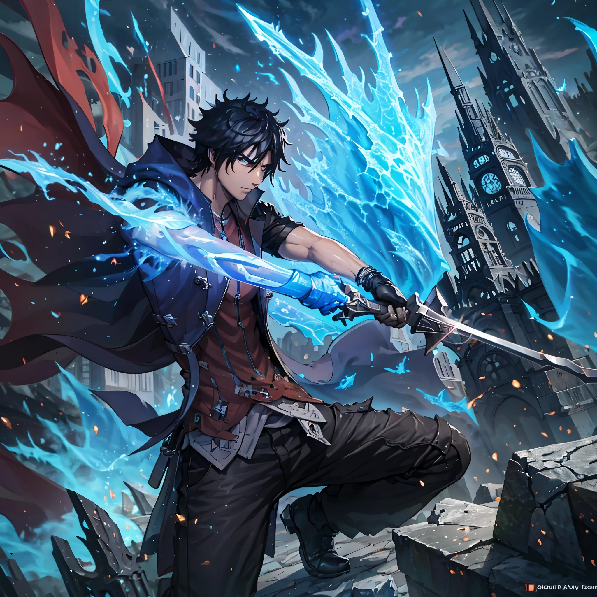 a man punching the ground making a crater in the ground, holding an ice sword, muscular, serious face, black hair, city in ruins
