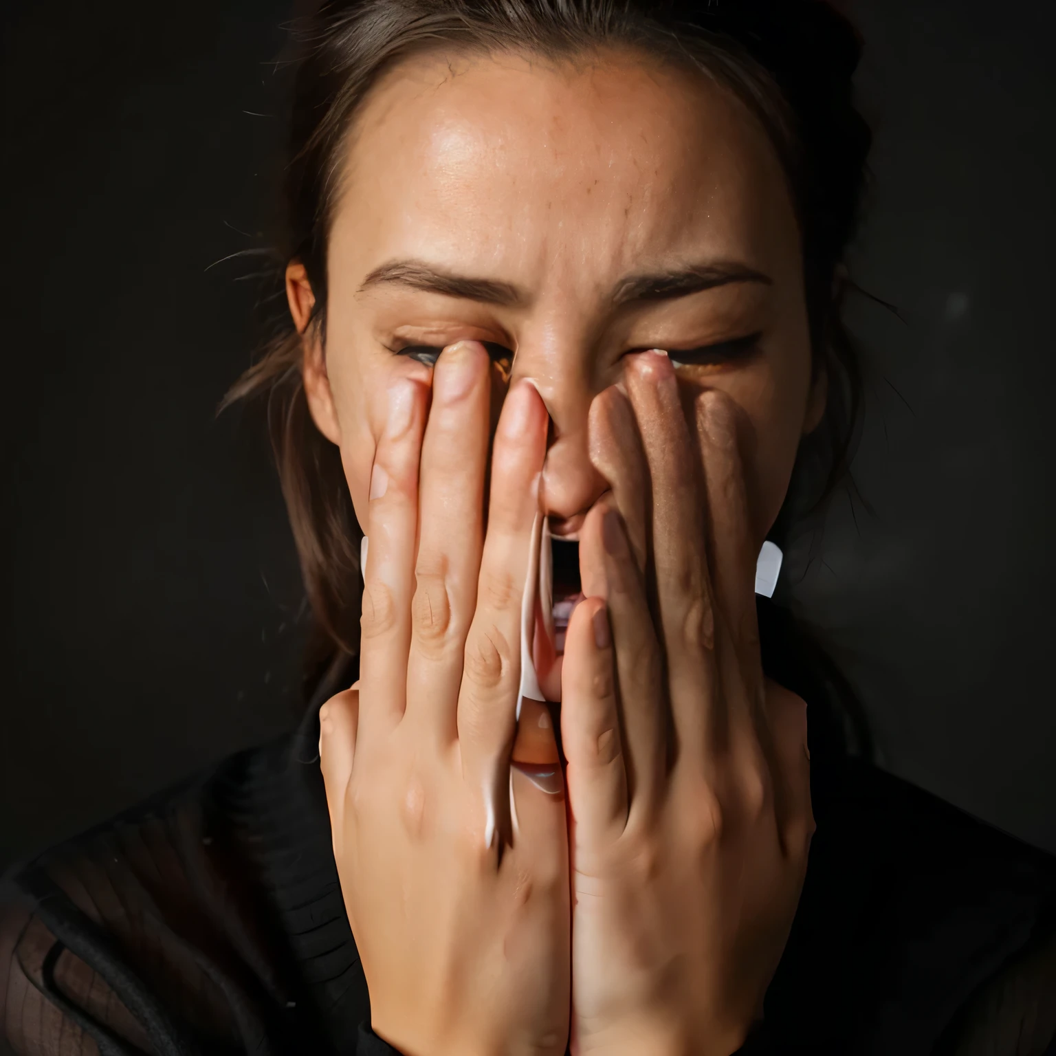 Woman covering face with hands on black background, Protect your face with your hands, hands on face, Crying with your eyes closed!, pleading expression, woman crying, women are tired, depressed, cover face, The third eye is in the middle of the forehead, frustrated face, put your hand over your mouth, nothing evil, depressed表情, Tears fell from the corners of my eyes, head in hand