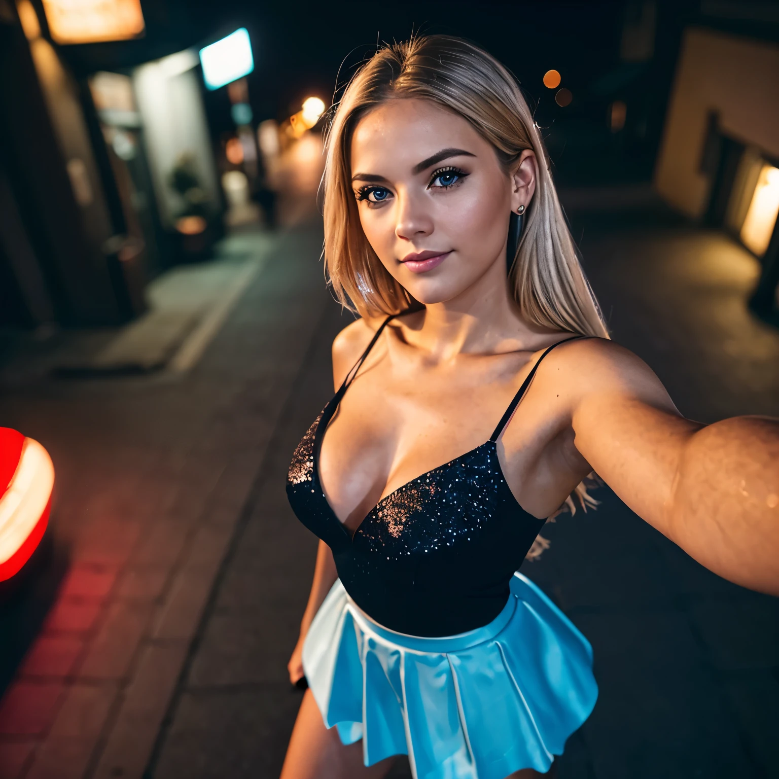 (selfie, top view: 1.4), (straight half of the body: 1.4), RAW UHD portrait photo of a 24-year-old blonde (blue-eyed woman) walking down a dark alley, city at night, (skirt), (neckline), details (textures! , hair! , glitter, color!!:1.1), glossy eyes with high detail (looking at the camera), SLR lighting, SLR camera, ultra-quality, sharpness, depth of field, film grain (center), Fujifilm XT3, crystal clear, frame center, beautiful face, sharp focus, street lamp, neon lighting, bokeh (dimly lit), night, (night sky), detailed, oily skin, complex eye details, full body, perfect breasts, perfect body, perfect hands,