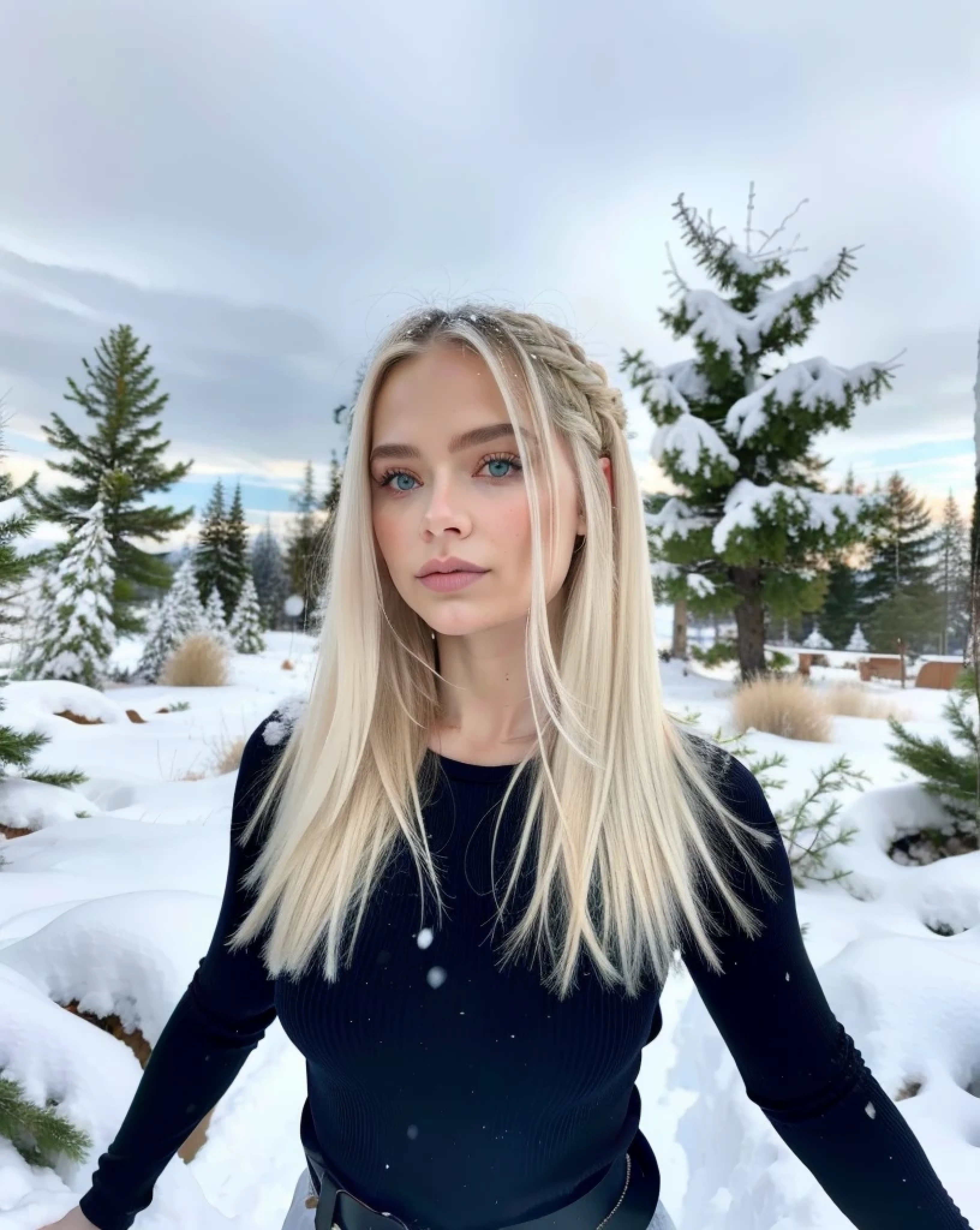 Arafed woman in black top standing in snow with trees in background.., chica perfecta de pelo blanco, Su cabello es blanco, con pelo largo y blanco, con el pelo largo y blanco, pelo muy largo color nieve, con pelo largo y rubio, beautiful nordic woman, Mujer rubia sueca, chica con pelo blanco, anna nikonova aka newmilky, pelo largo rubio platino, en la nieve