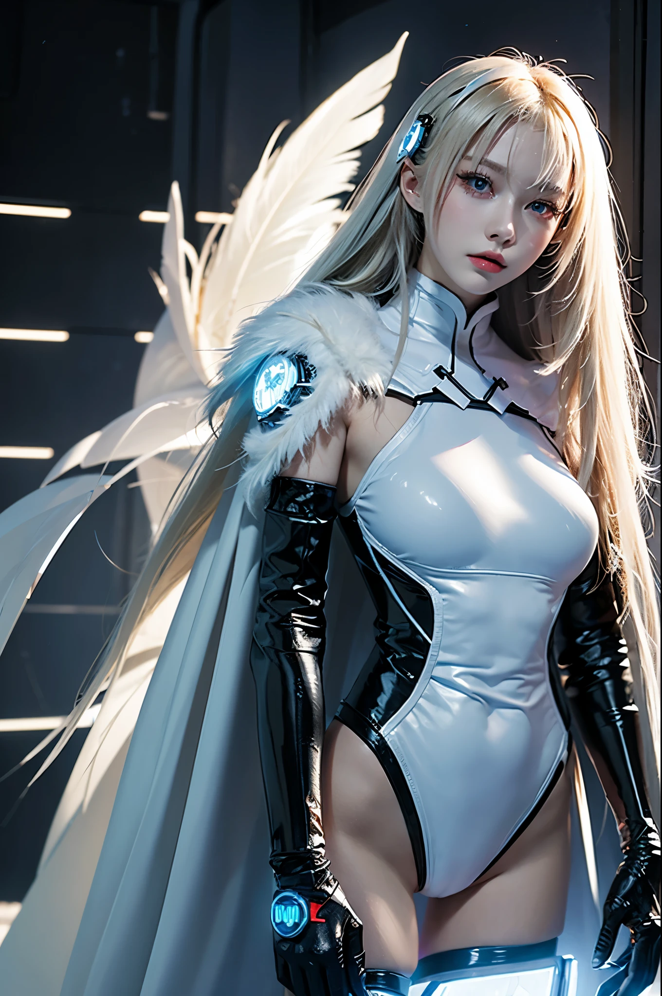 1girl,charming Russian model Nata Lee, light blonde hair, moyou, full body, cyborg, cyberpunk, cyber armor with cape, feather, ice angel,