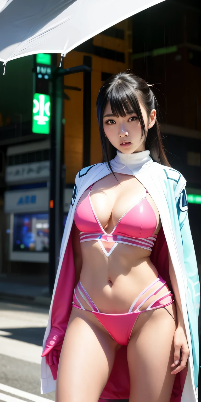 綾波レイ、detailed eyes and face, neon lights, futuristic city, cyberpunk, glowing colors, rainy streets, reflective surfaces, high-tech gadgets, intense focus, suspenseful atmosphere, mysterious presence, avant-garde fashion, dynamic poses, cinematic composition, sci-fi elements, vibrant energy