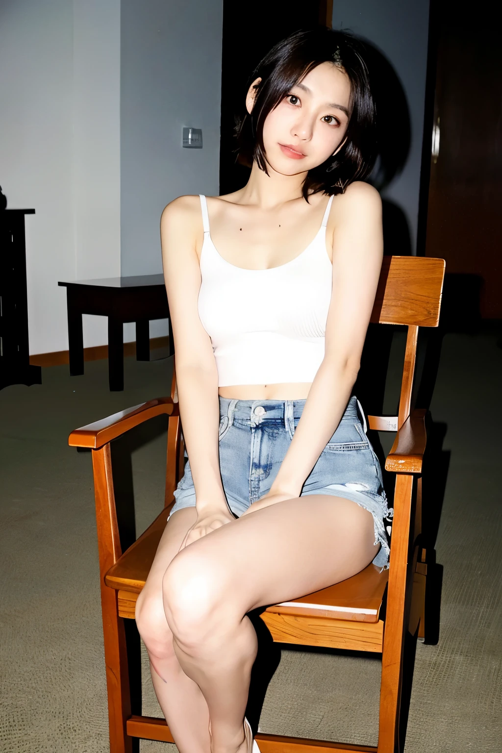 ((最高品質)), ((傑作)), (詳しい)
,The whole body is shown from head to toe、 perfect face,woman、Age 34 years old、Japanese、Height: 175cm、glamorous、Bust 98cm、Bust Size are G cups、big breasts、Waist 63cm、Hips 98cm、long legs、Wearing a white tank top、wear a miniskirt、Denim miniskirt、fleshy、barefoot、Sexy、Erotic、、sitting in a chair、sitting in a chair、sitting shallow,
脚を組んで座っている、手は体の脇にさげている、その脚はムチムチしている、足にハイヒールを履いている