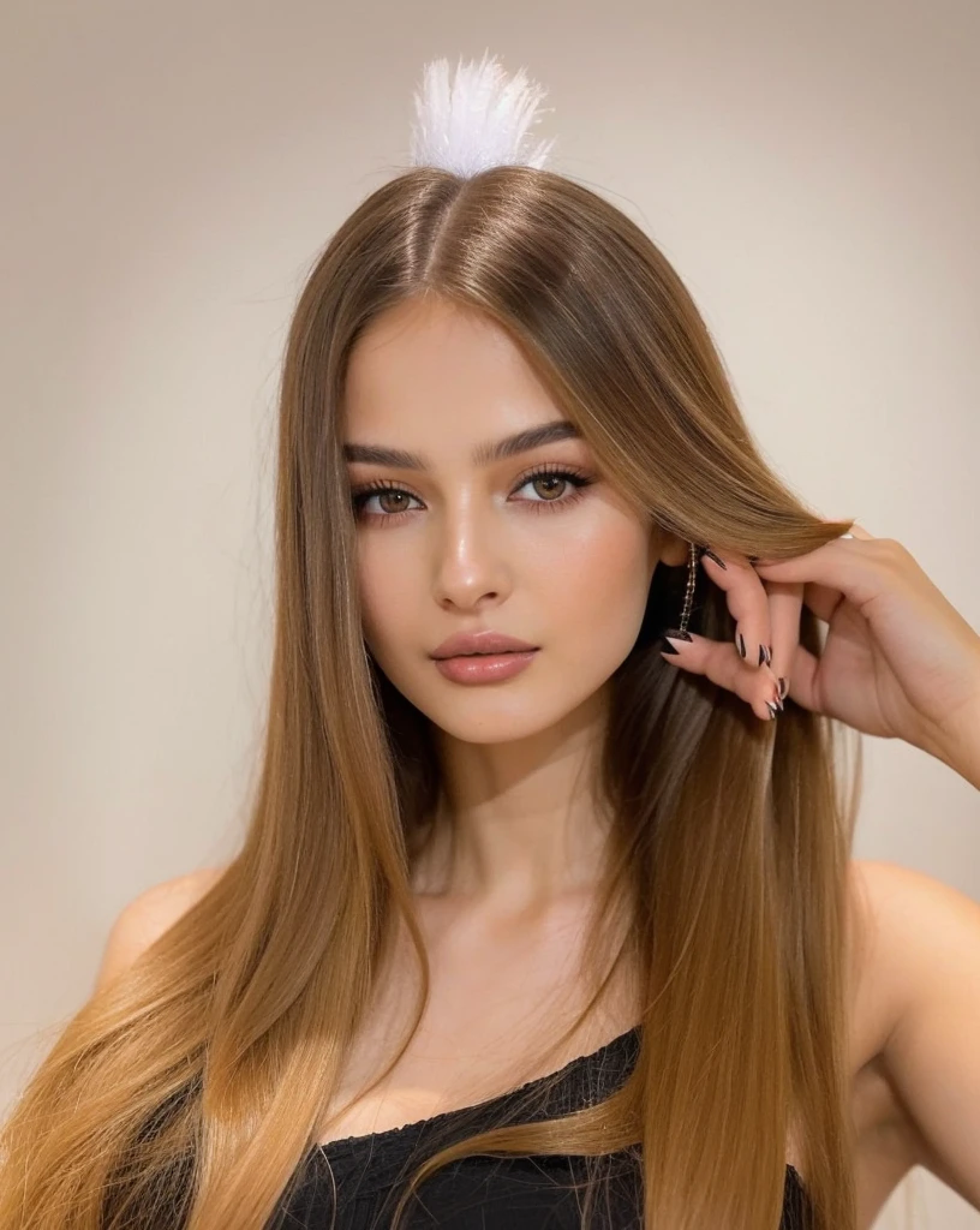 Arafed woman with long hair and black dress brushing her hair, Retrato de Sophie Mudd, anna nikonova aka newmilky, peinado recto, Dasha Taran, Anastasia Ovchinnikova, julia gorokhova, Angelina Stroganova, brunette with dyed blonde hair, Yelena Belova, Estilo de Julia Razumova