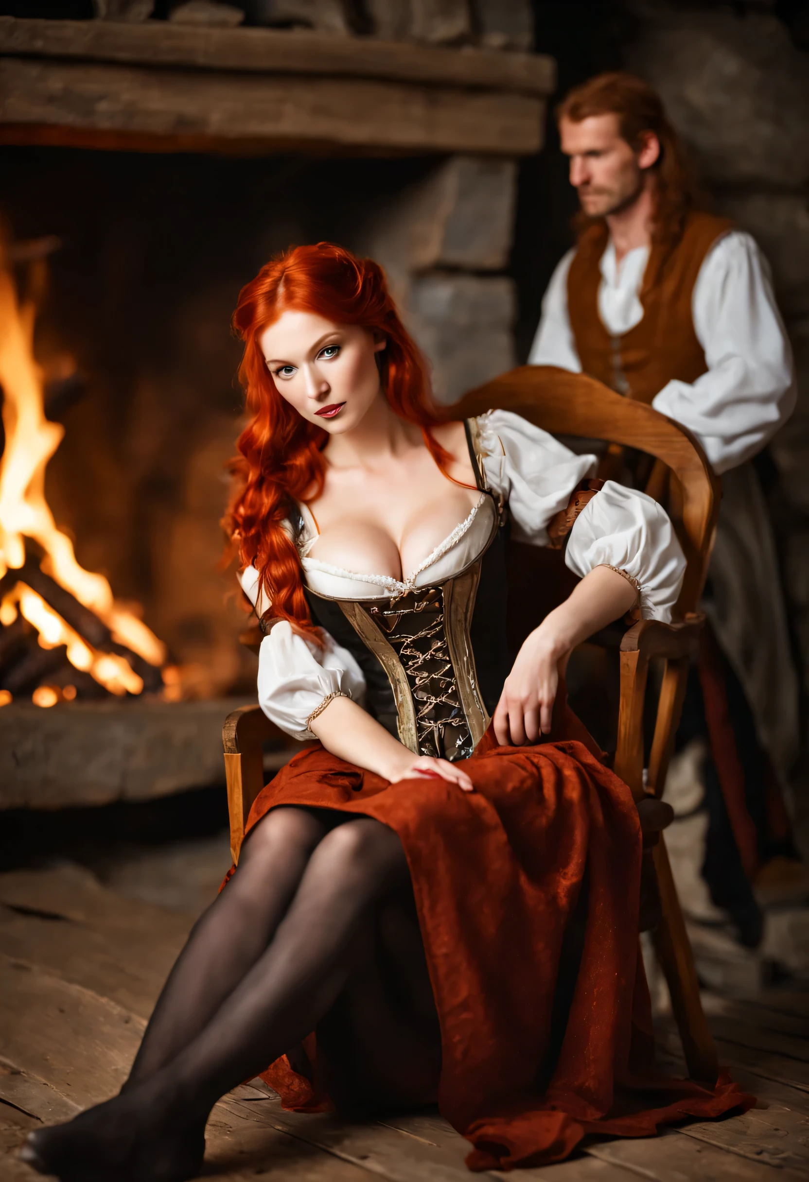 Sexy redhead with cleavage wearing medieval maid outfit inside a taven lit by the fire, slightly blurred background of medieval peasants staring at her very sexy body, a boob poking out of her outfit as she sits leans back and spreads her legs on a wood chair