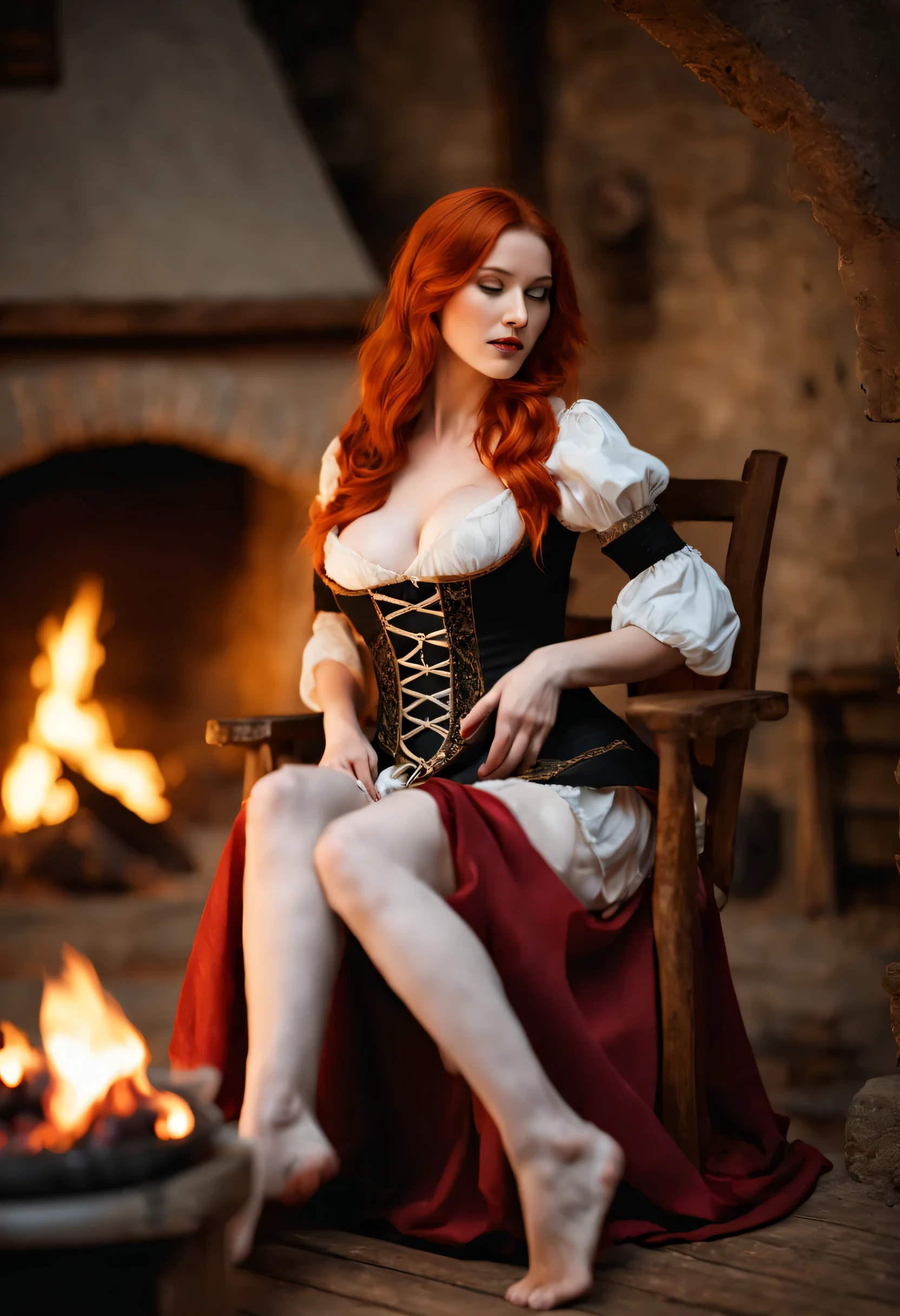 Sexy redhead with cleavage wearing medieval maid outfit inside a taven lit by the fire, slightly blurred background of medieval peasants staring at her very sexy body, a boob poking out of her outfit as she sits leans back and spreads her legs on a wood chair