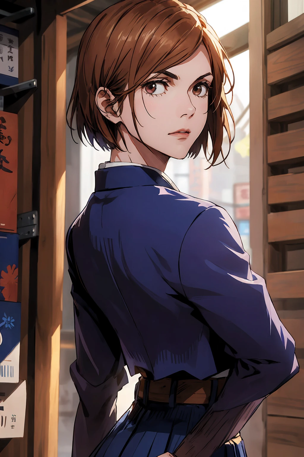 1girl, cowboy shot, beautiful Nobara, school_uniform, bangs, jacket,, volumetric lighting, best quality, masterpiece, intricate details, tonemapping, sharp focus, hyper detailed, trending on Art Station, 4k, upper body, backwards, looking back