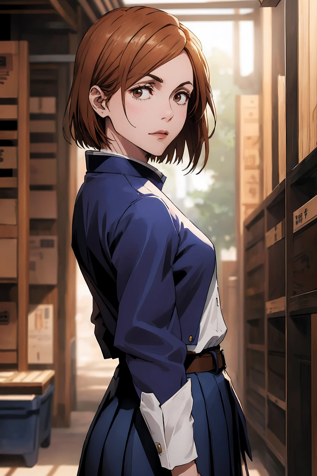 1girl, cowboy shot, beautiful Nobara, school_uniform, bangs, jacket,, volumetric lighting, best quality, masterpiece, intricate details, tonemapping, sharp focus, hyper detailed, trending on Art Station, 4k, upper body, backwards, looking back