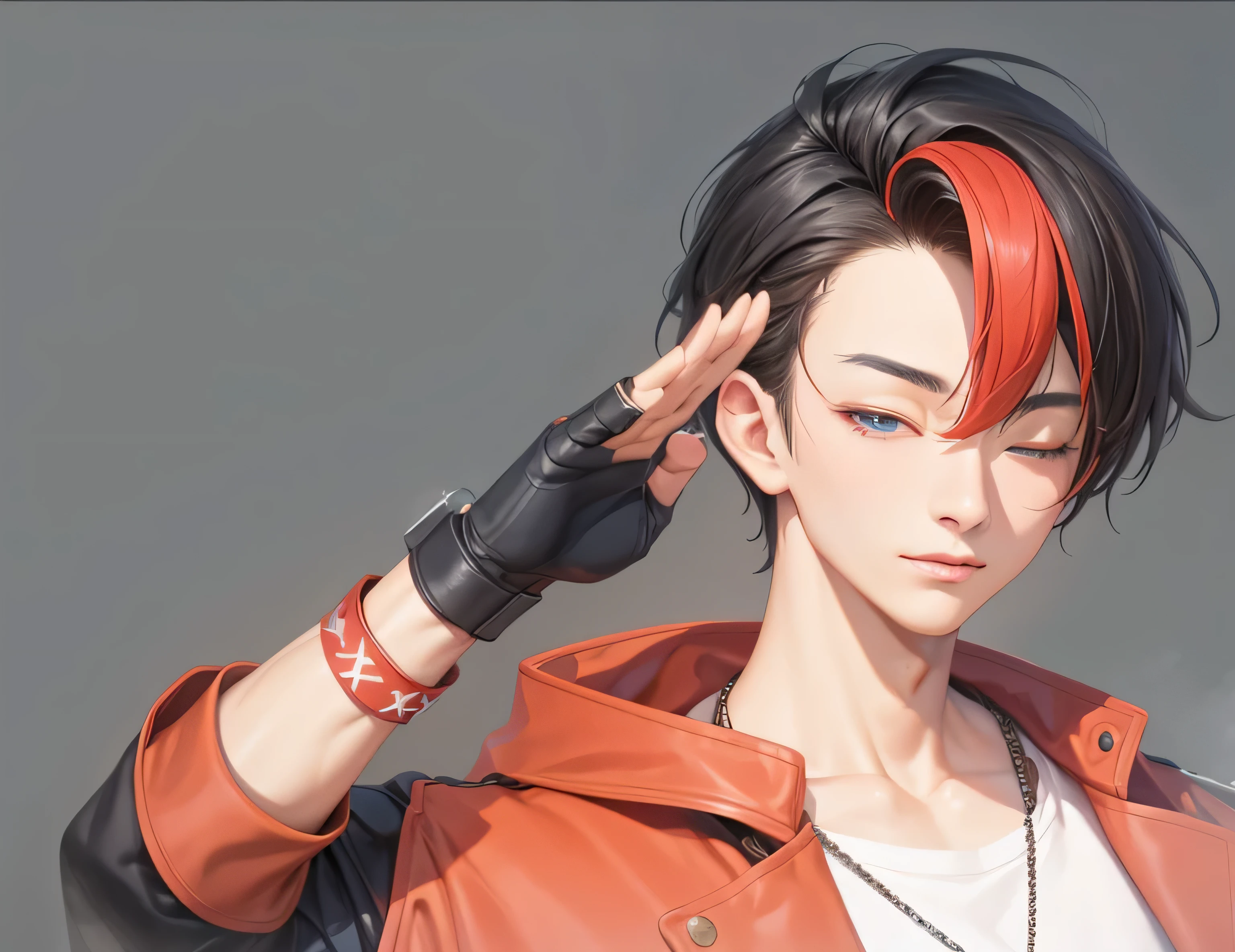 masterpiece, superb, high resolution,handsome man,salute手势,salute,watch