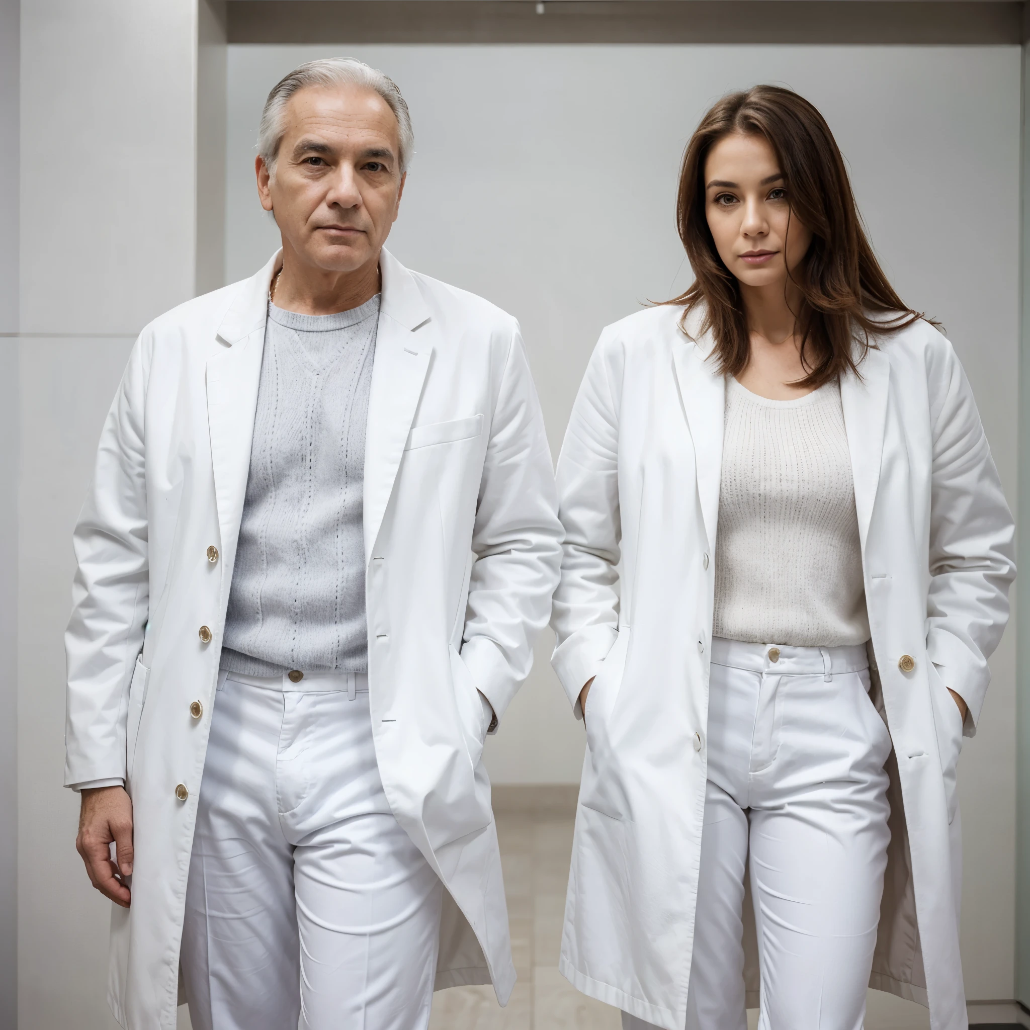 casal de dermatologista de 45 anos, a man and a woman side by side looking at the camera. they are wearing a white coat and white pants, standing